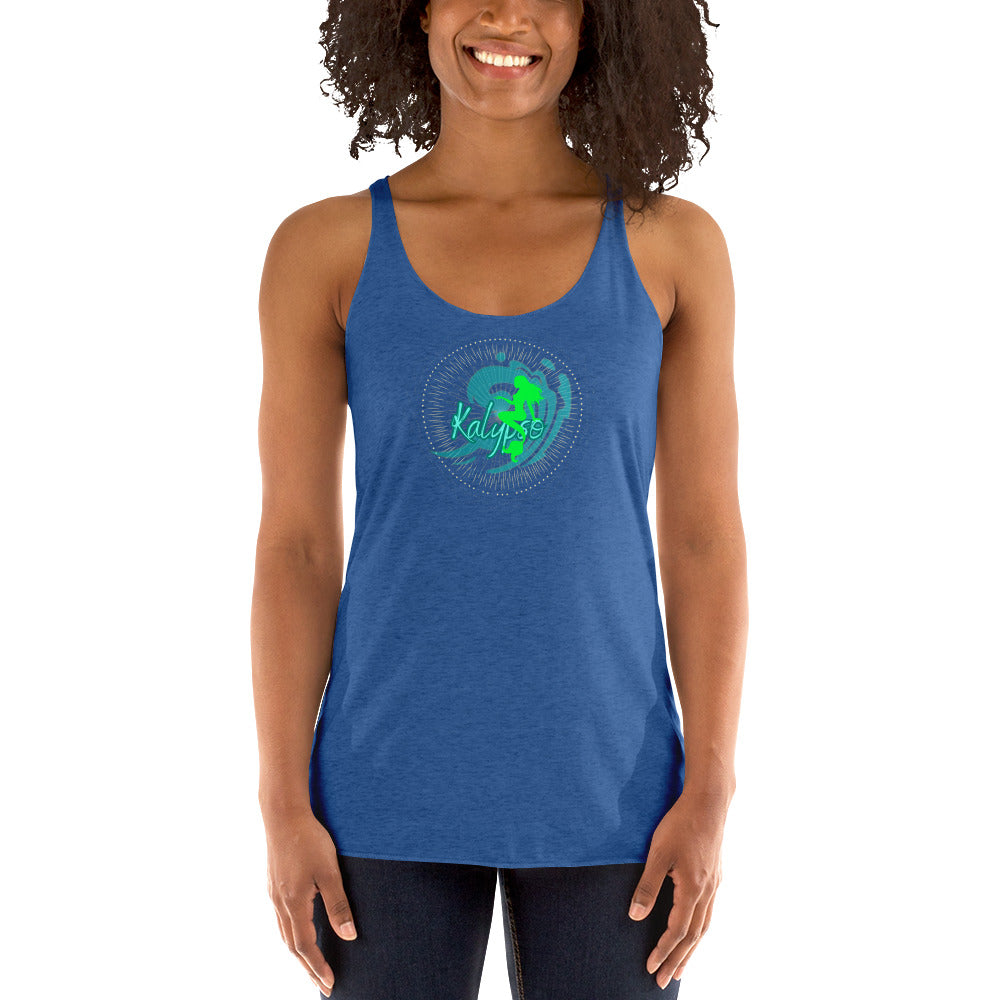 a woman wearing a blue tank top with a green logo