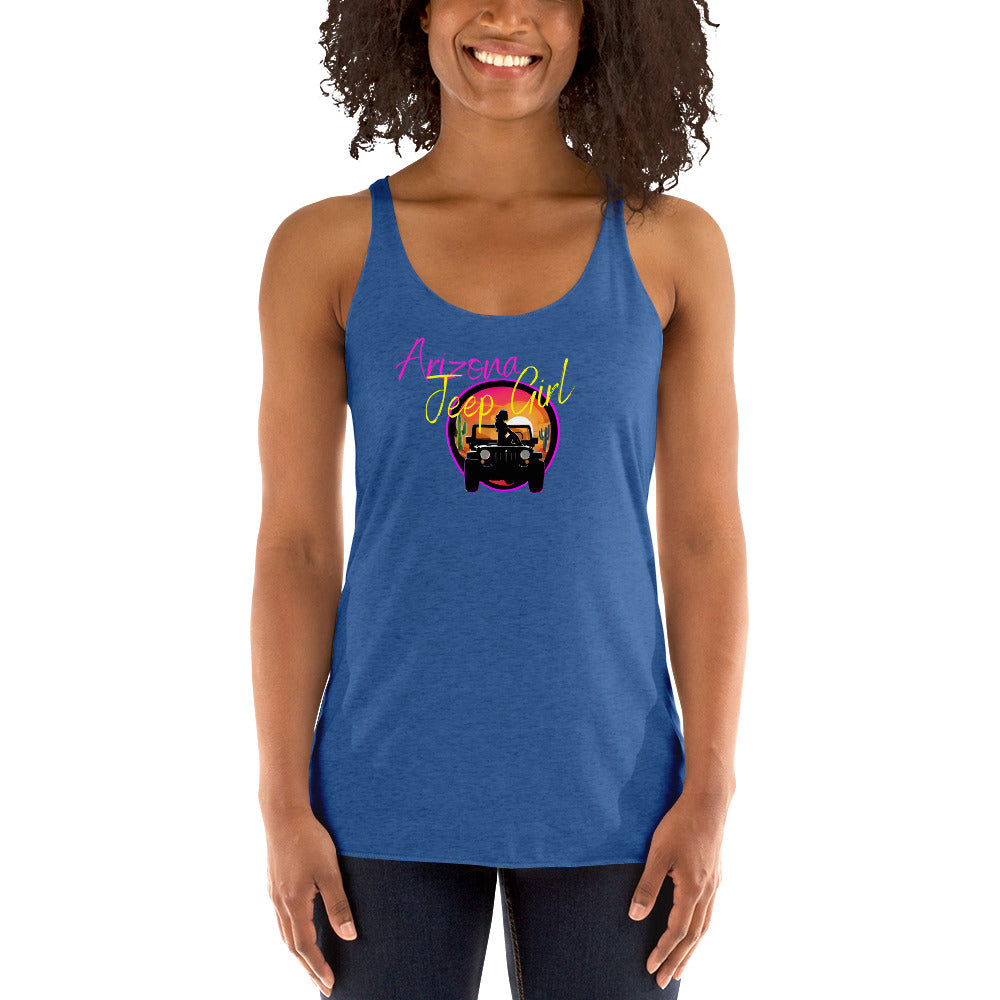 a woman wearing a blue tank top with an image of a jeep on it