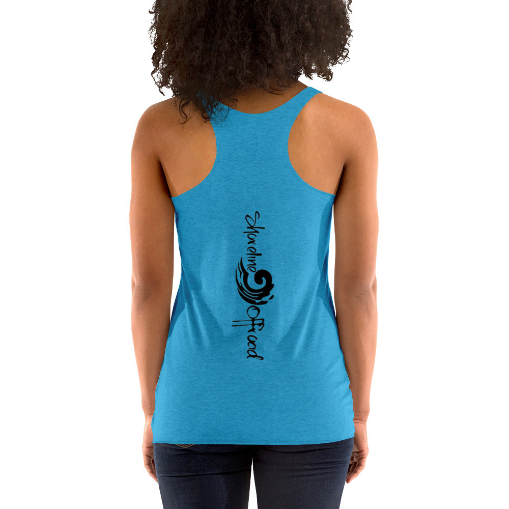 a woman wearing a blue tank top with a black logo