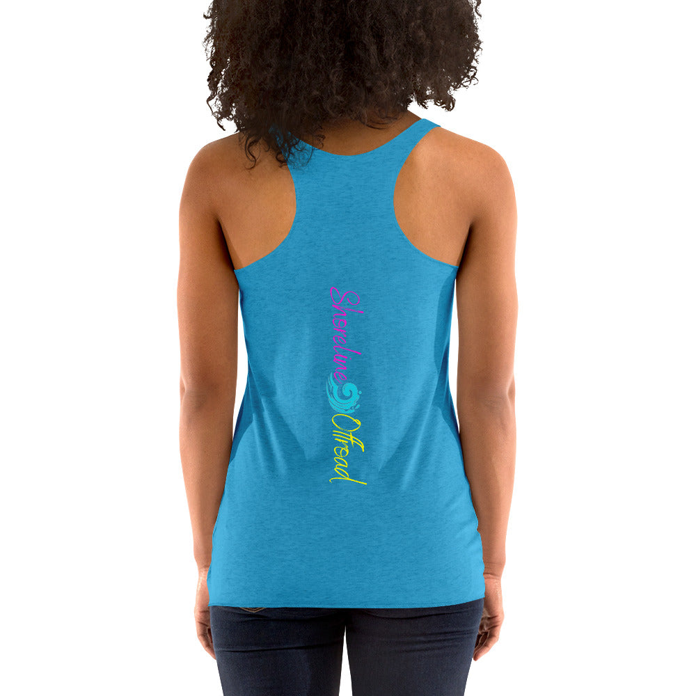 a woman wearing a blue tank top with the word love on it