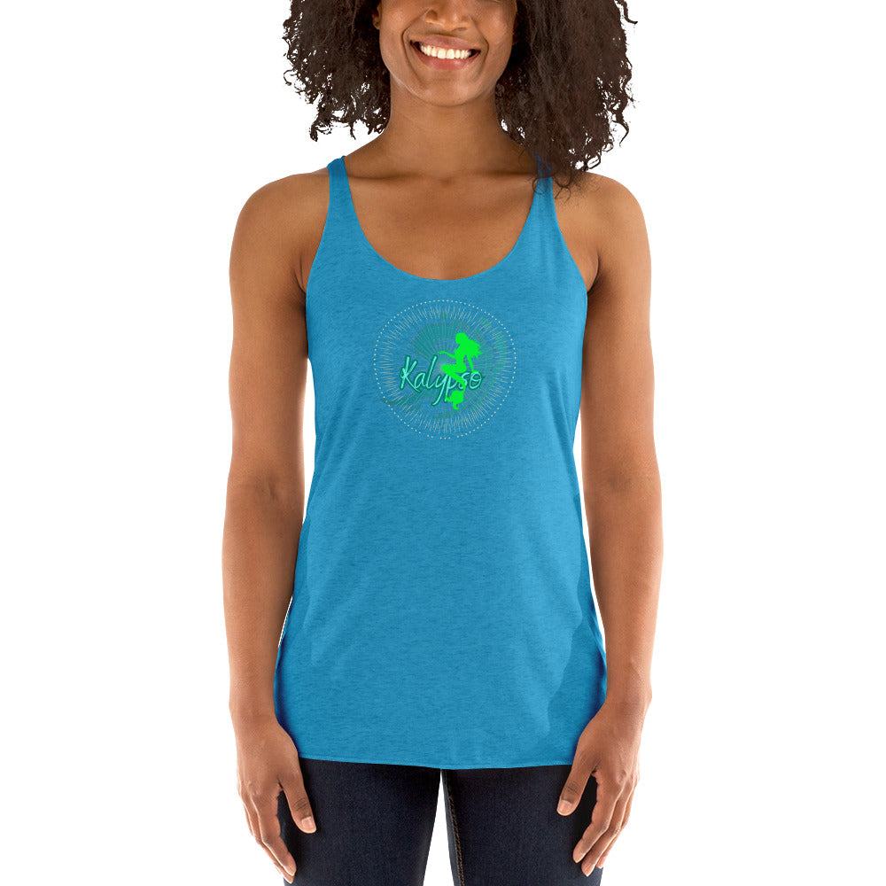 a woman wearing a blue tank top with a green shamrock on it