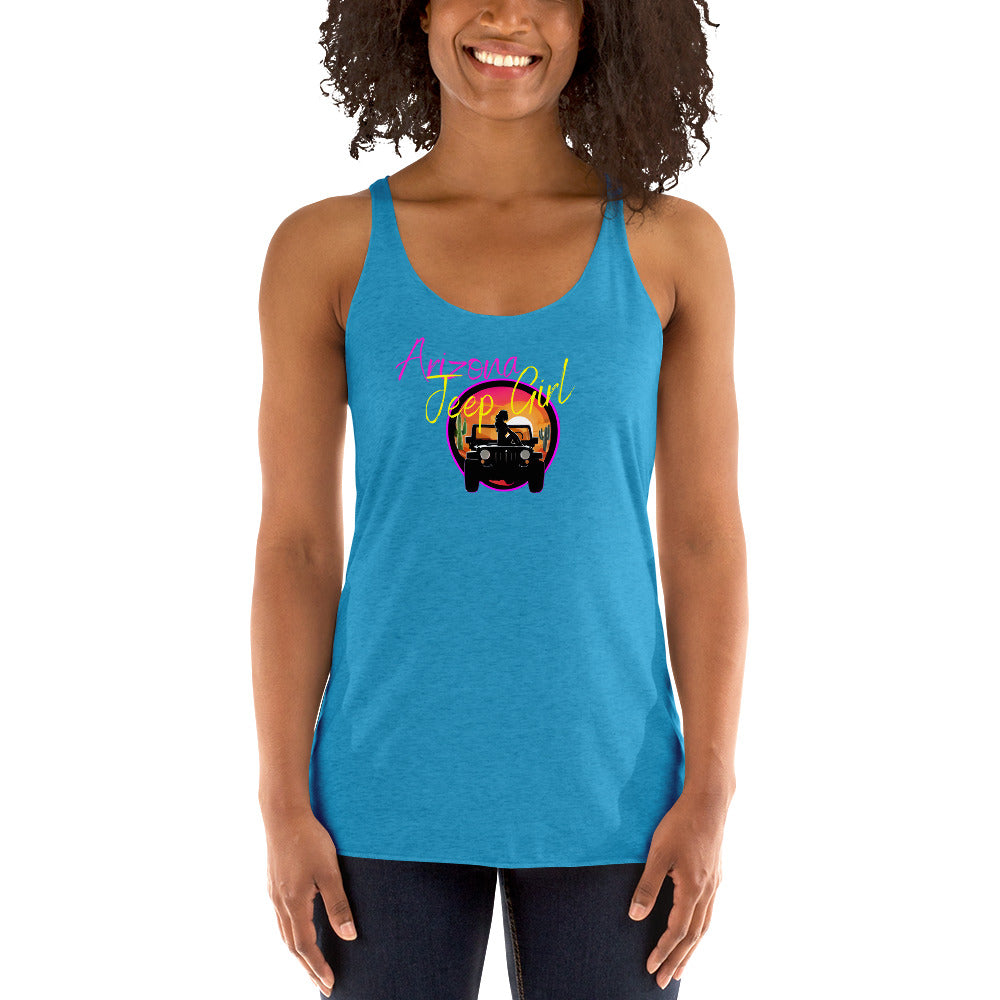 a woman wearing a blue tank top with an image of a jeep