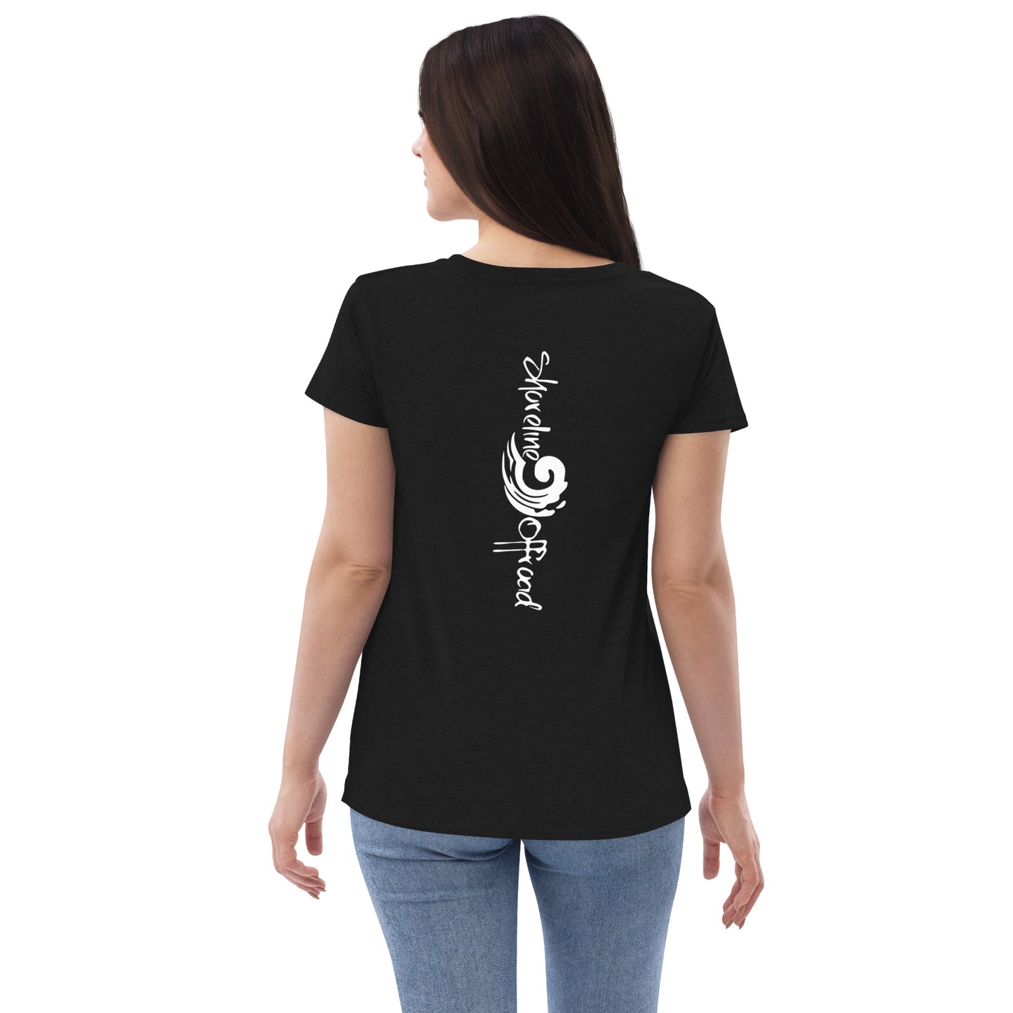 a woman wearing a black t - shirt with white writing on it