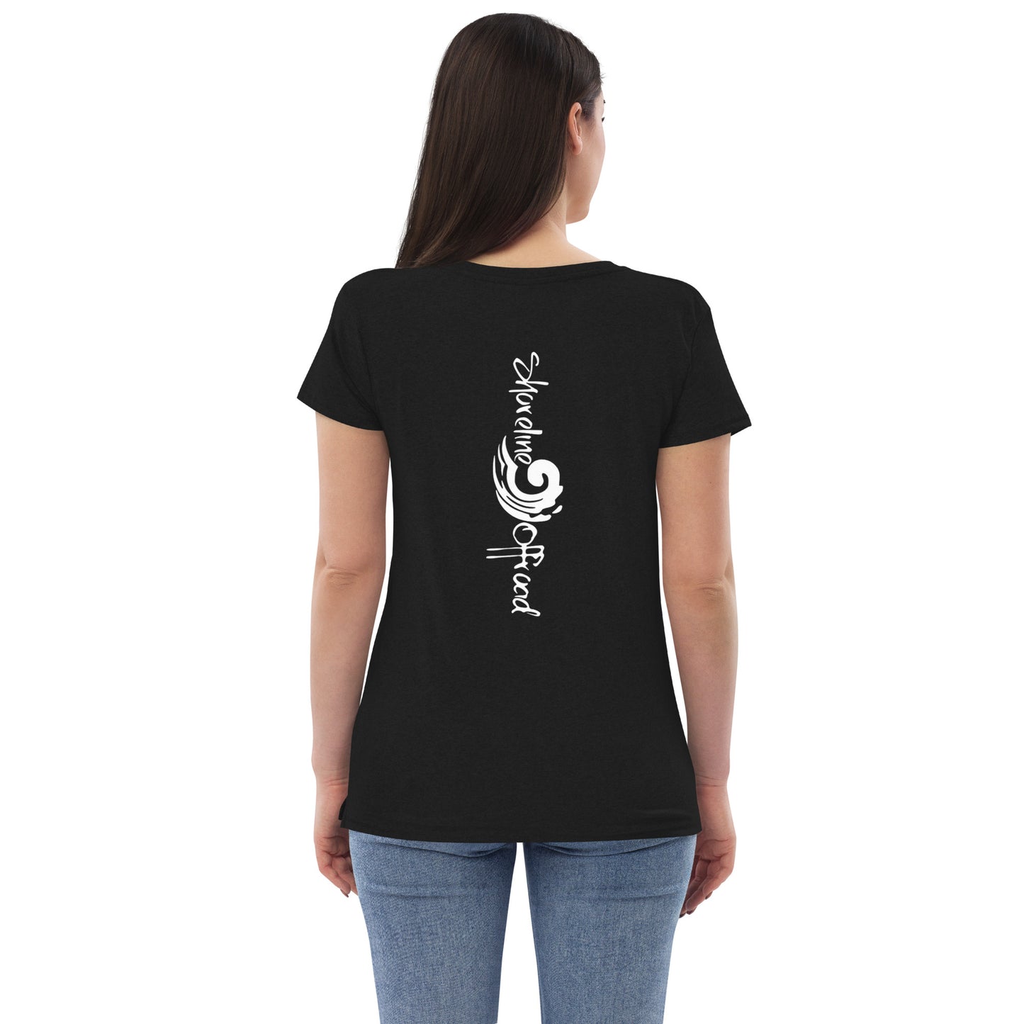 a woman wearing a black t - shirt with white writing on it
