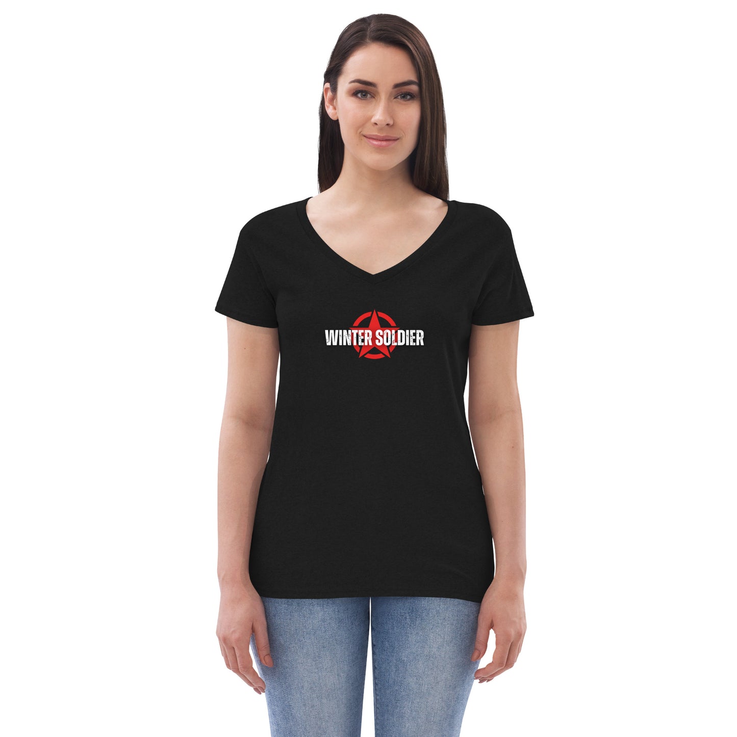a woman wearing a black v - neck t - shirt