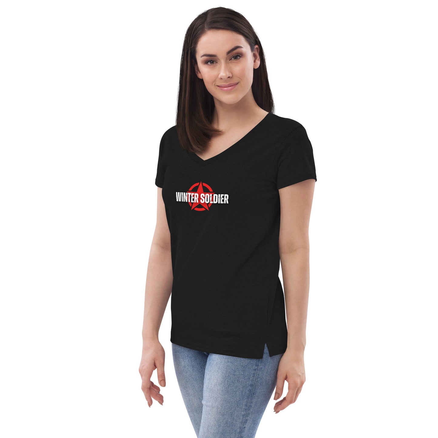 a woman wearing a black t - shirt with a red and white logo