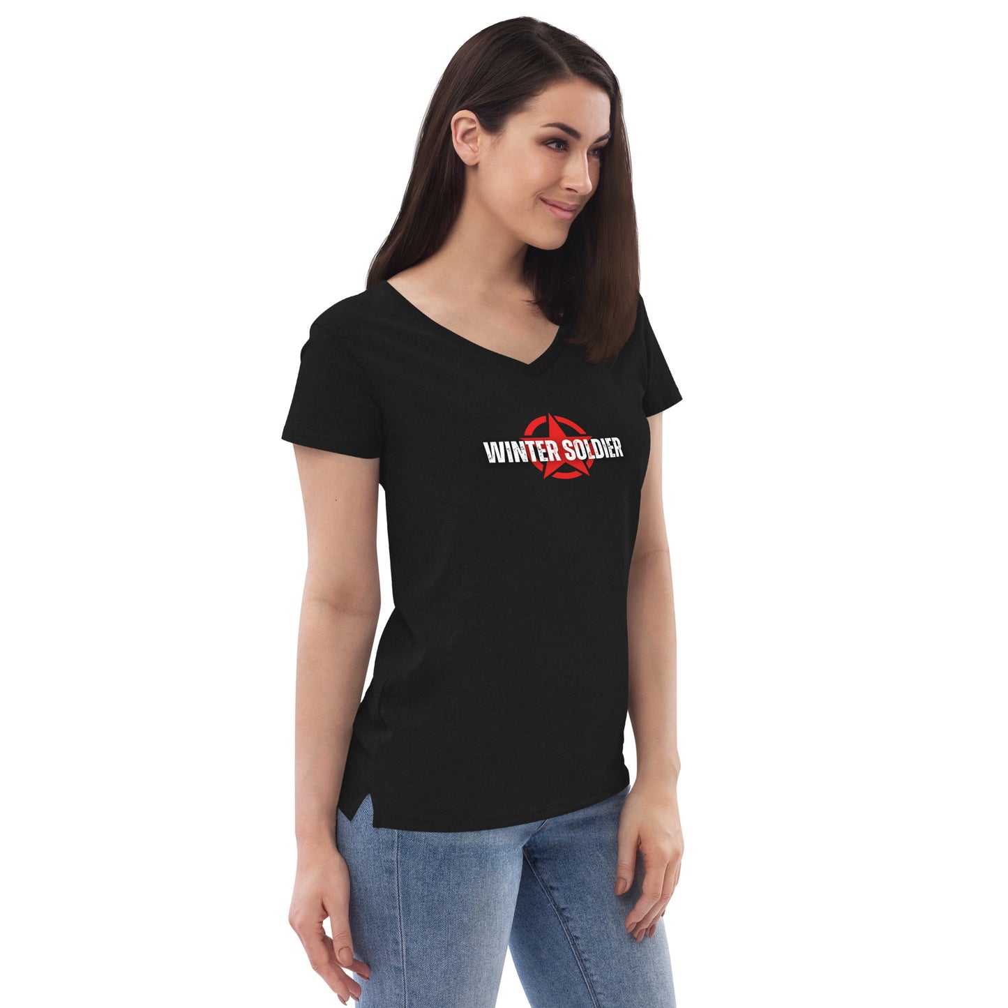 a woman wearing a black shirt with a red and white logo
