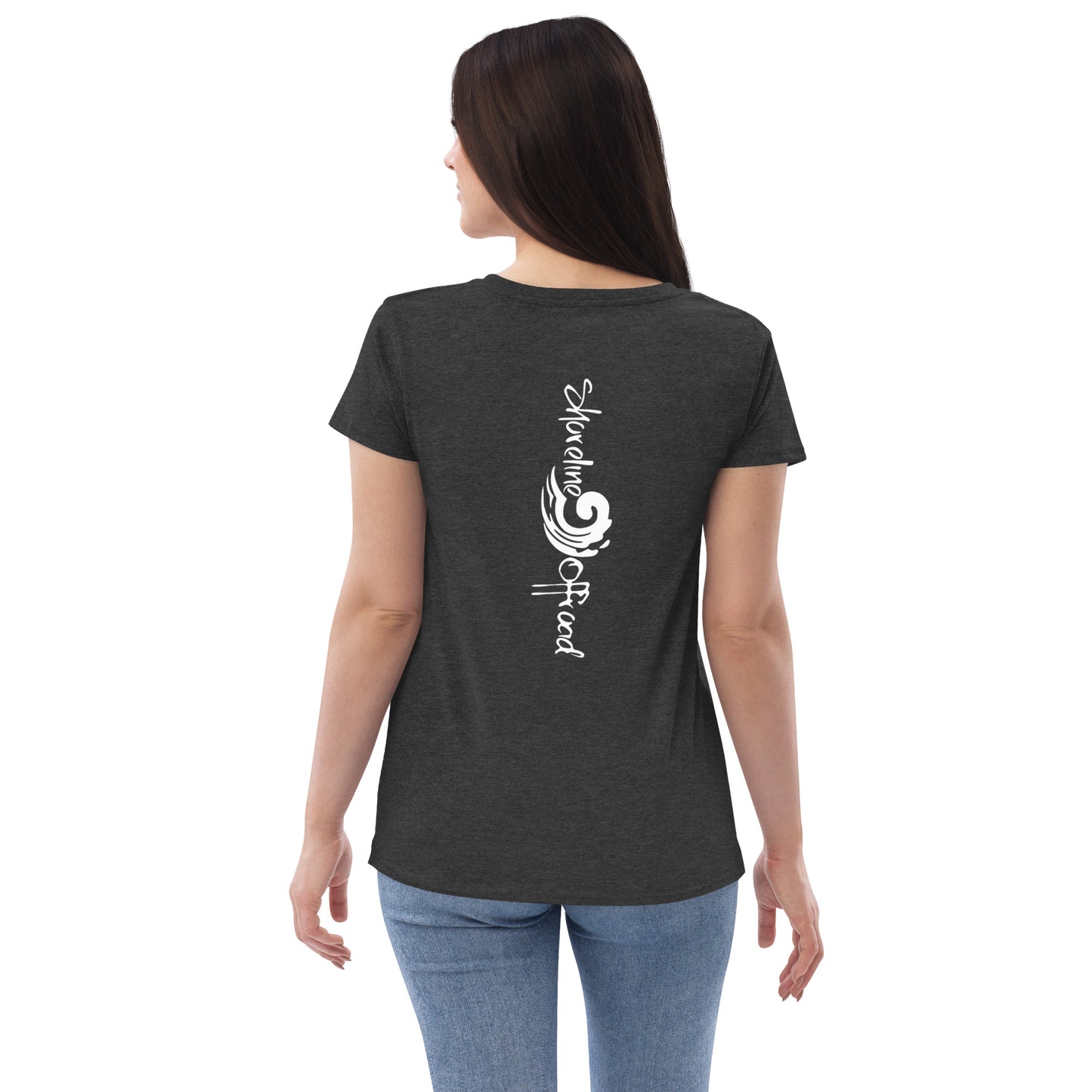 a woman wearing a black t - shirt with white writing on it