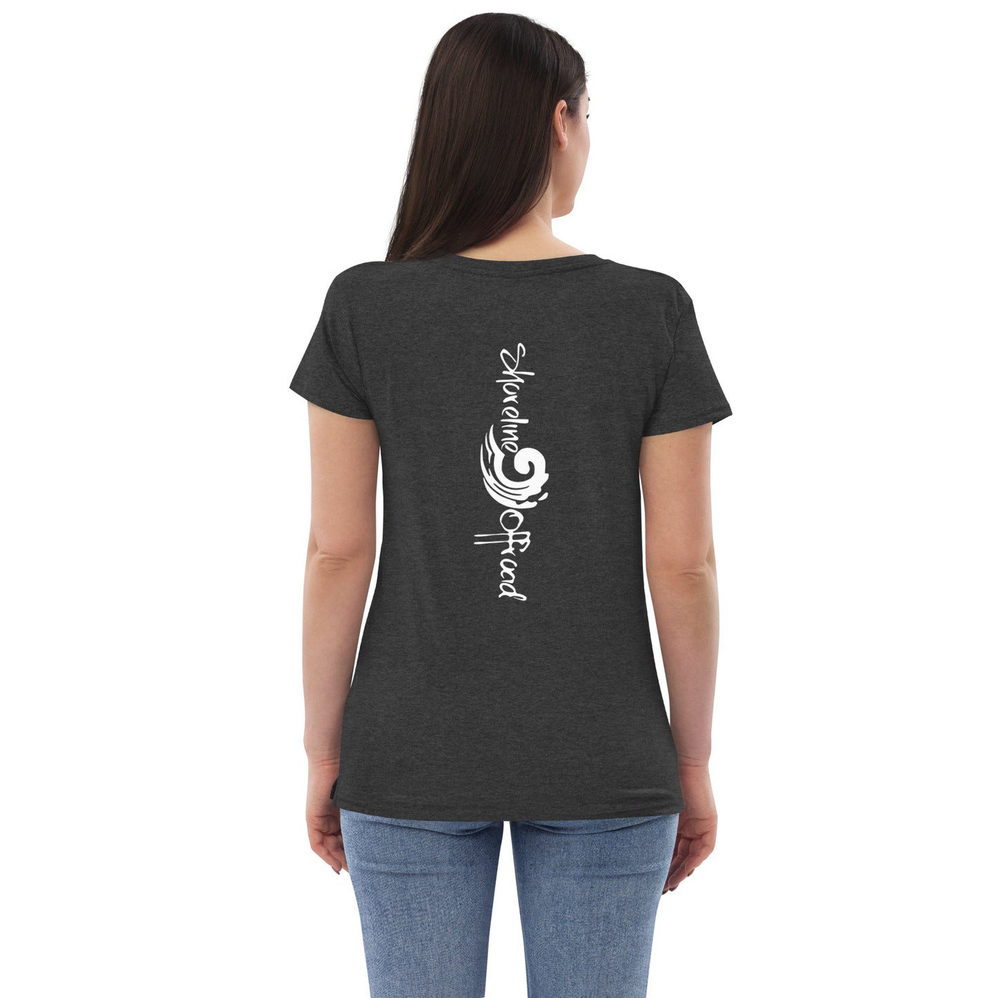 a woman wearing a black t - shirt with white writing on it