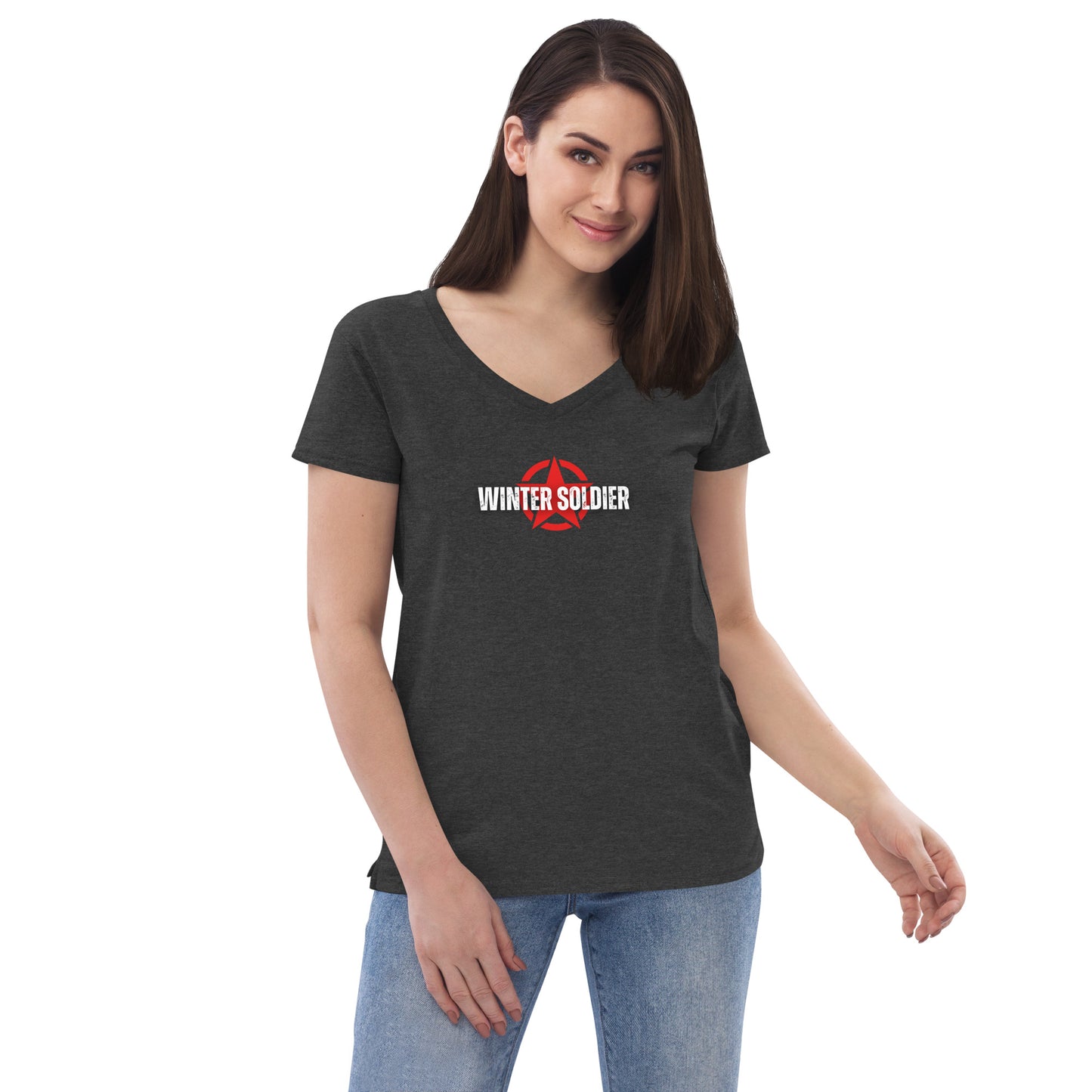 a woman wearing a t - shirt that says winter soldier