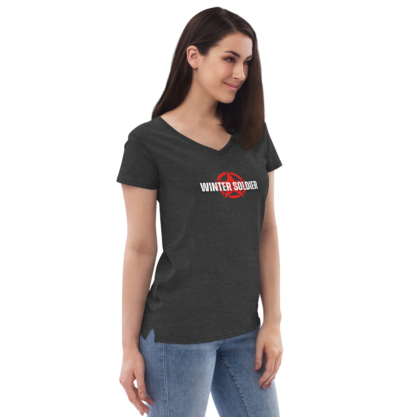 a woman wearing a black shirt and jeans
