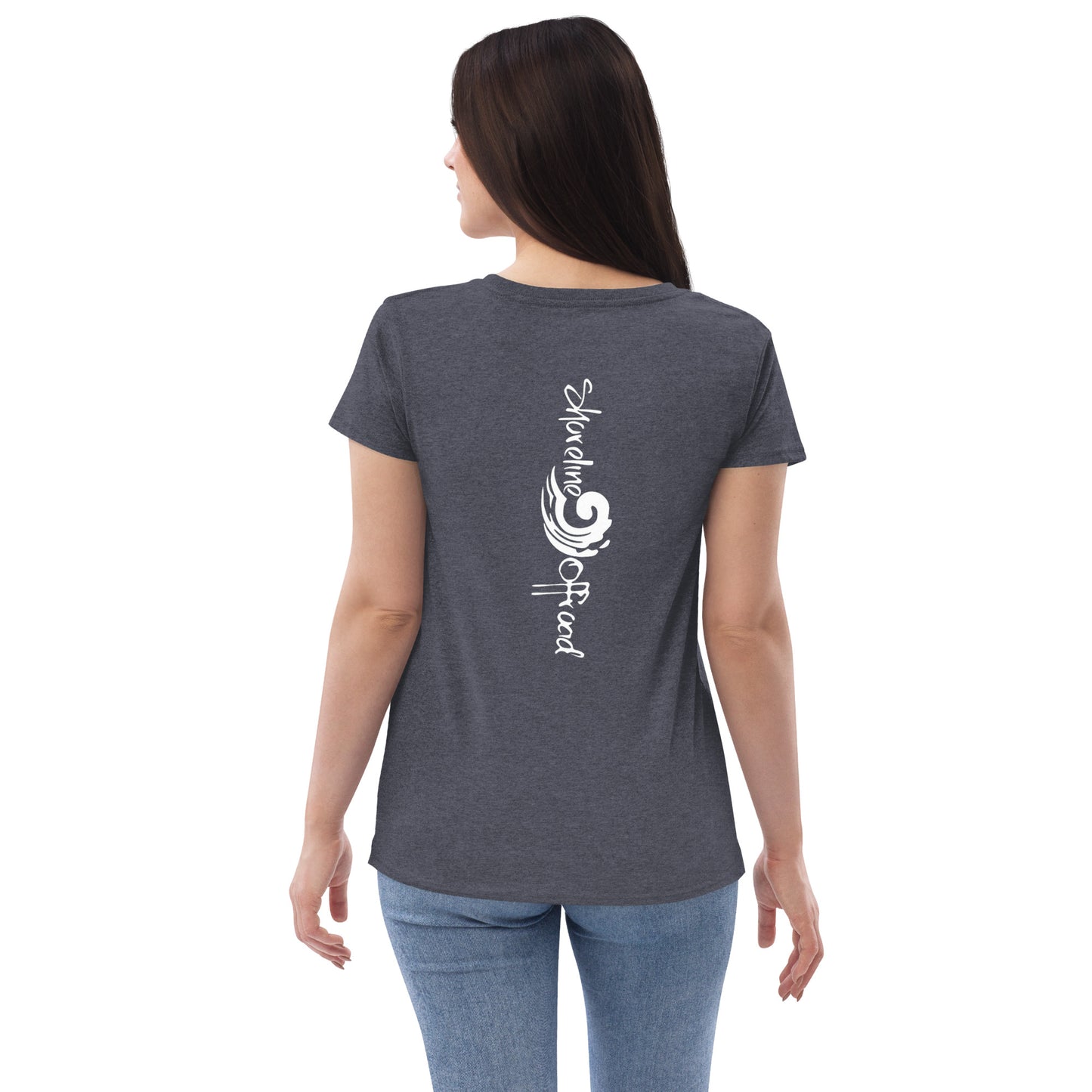 a woman wearing a black t - shirt with white writing on it