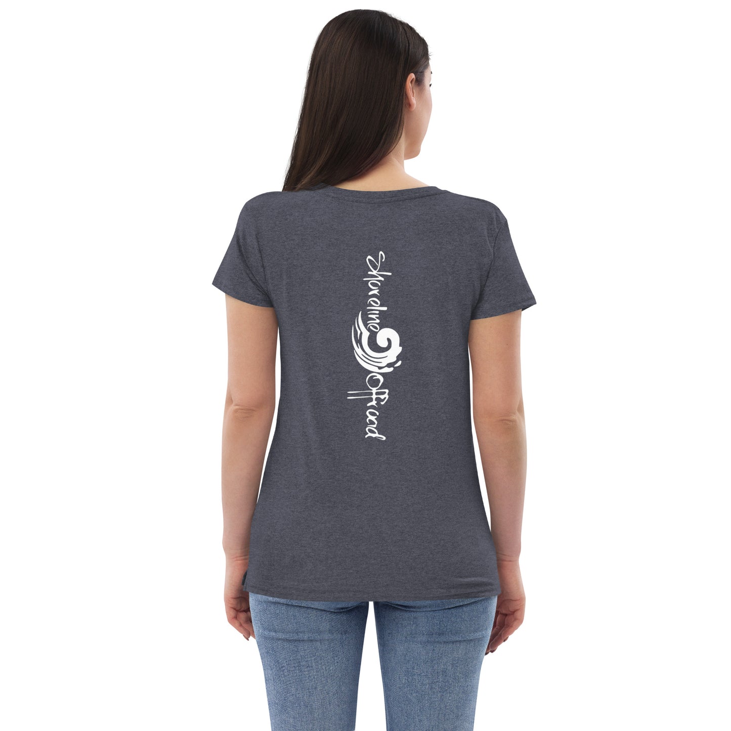 a woman wearing a dark t - shirt with white writing on it
