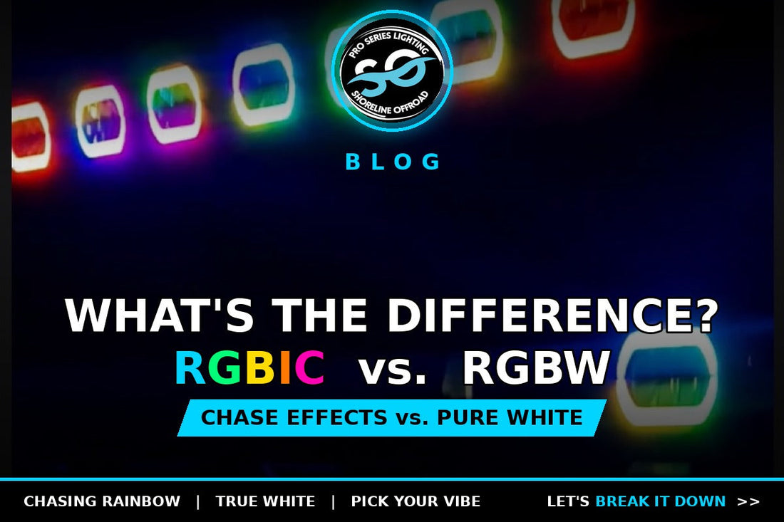 Shoreline RGBIC pod lights glowing rainbow with the question: RGBIC vs RGBW, what&rsquo;s the difference?