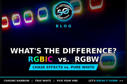 Shoreline RGBIC pod lights glowing rainbow with the question: RGBIC vs RGBW, what&rsquo;s the difference?