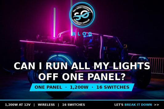 Jeep lit up with Shoreline whips, wheel lights and strips with the question: Can I run all my lights off one panel?