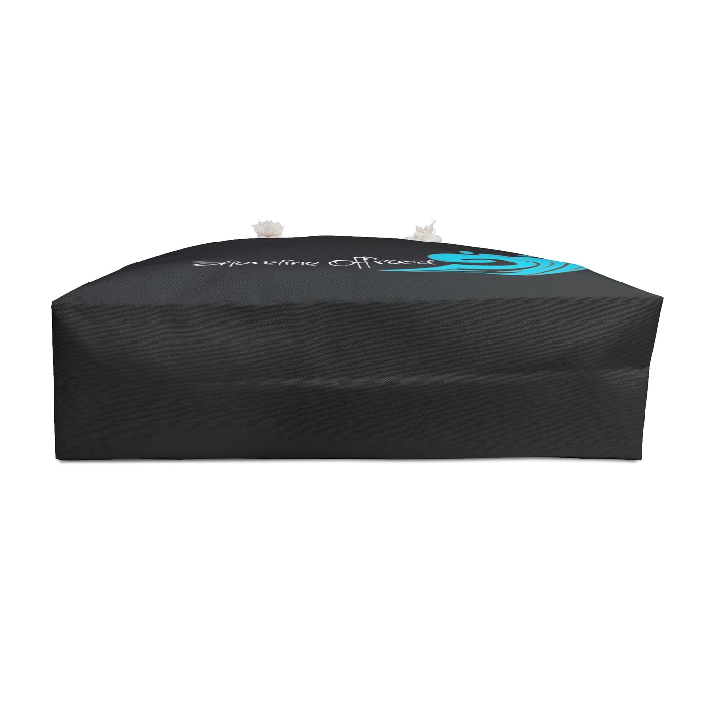 a black table cover with a blue design on it