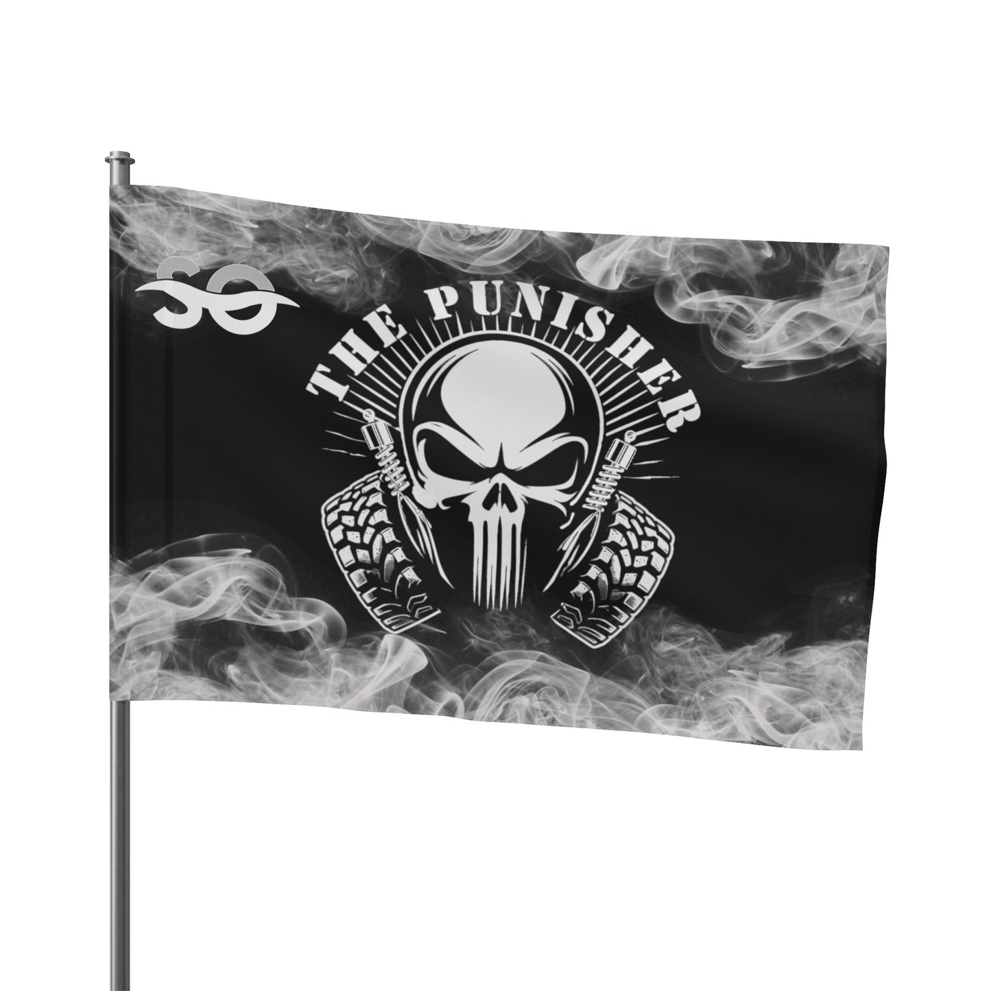 a black and white flag with a skull on it