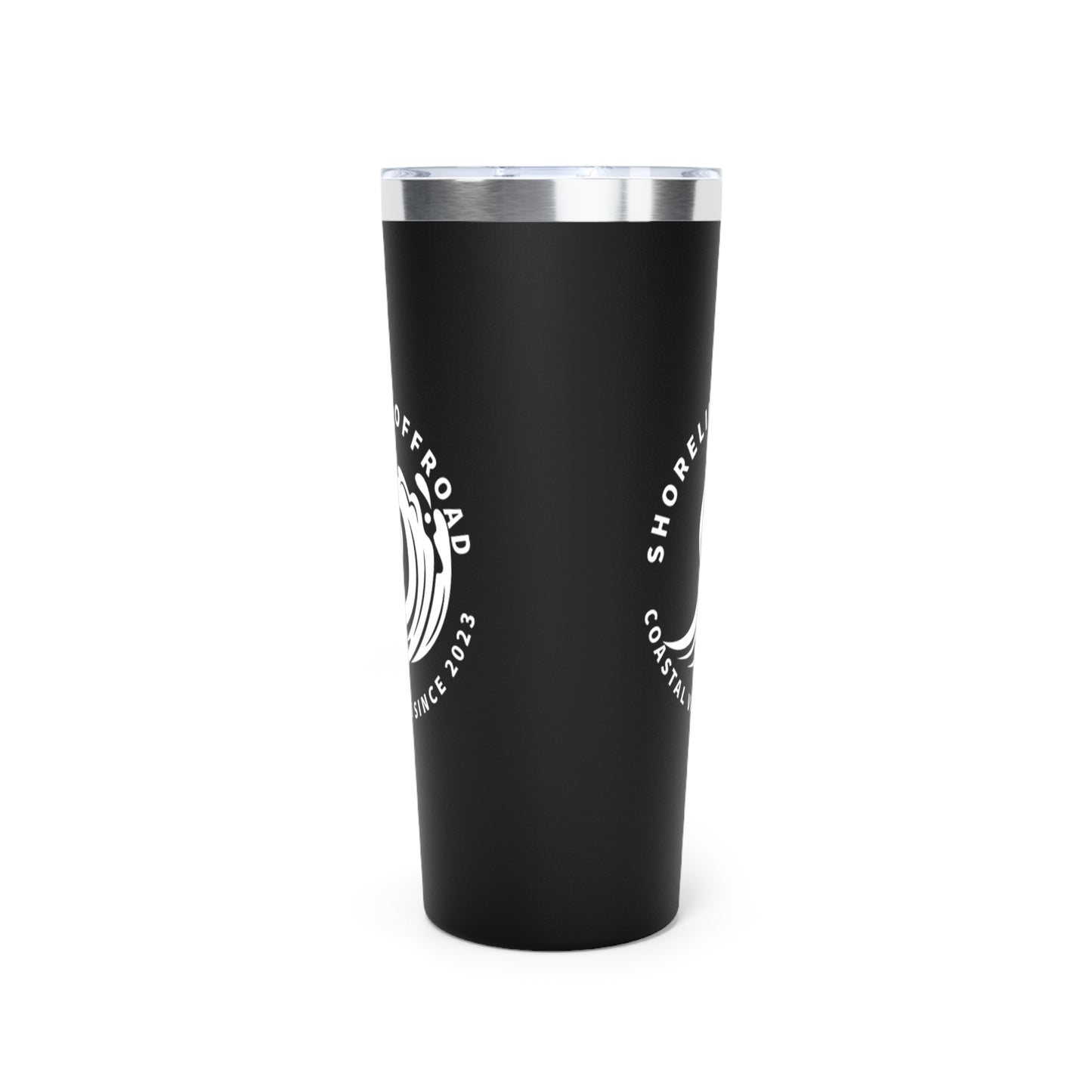 a black tumbler cup with a white logo on it