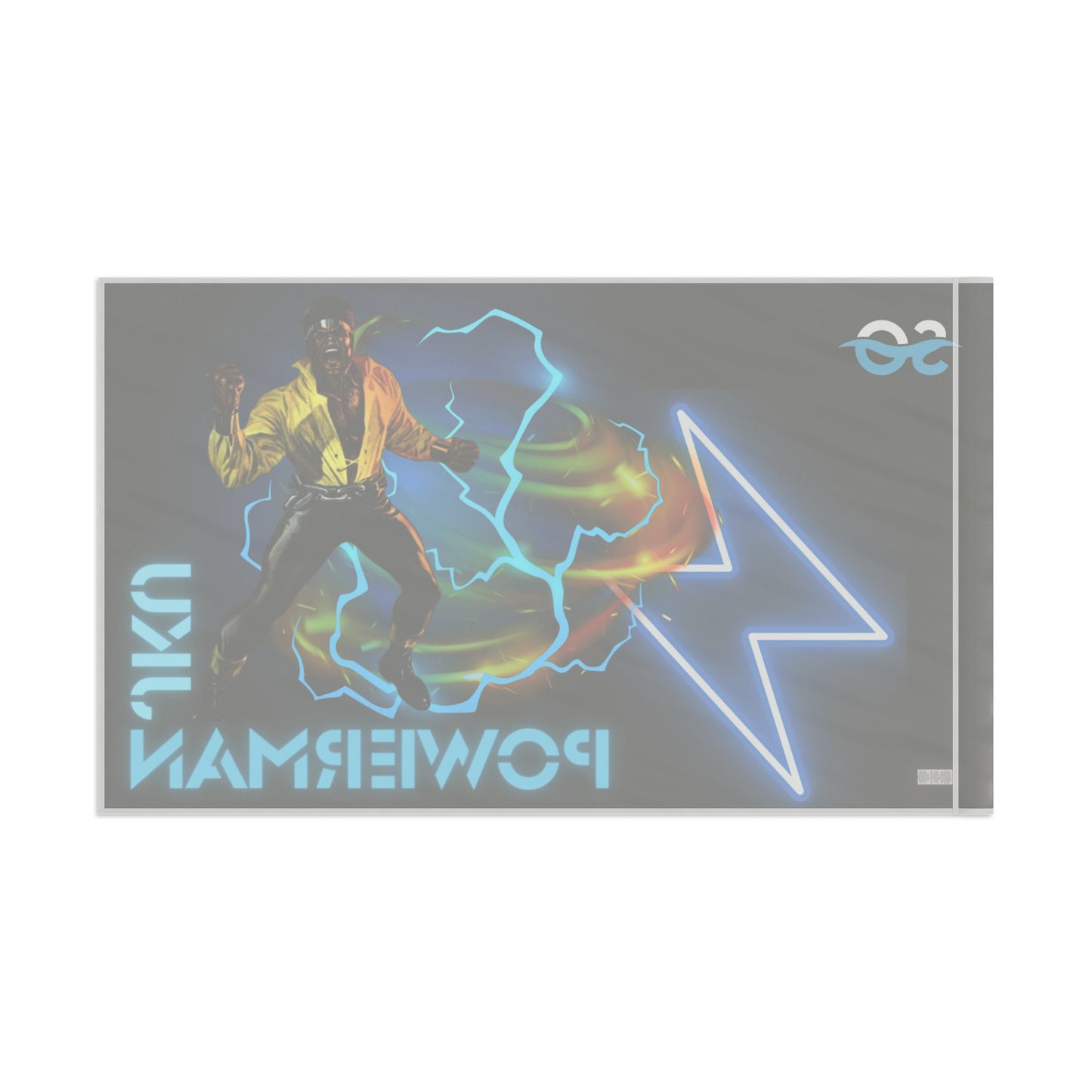 a sticker with a picture of a man holding a lightning bolt