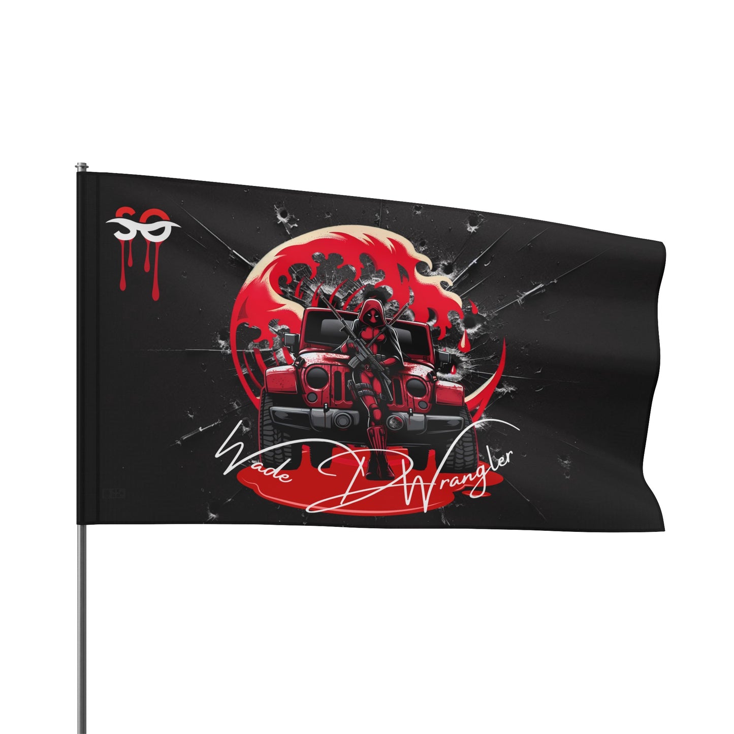 a black and red flag with a picture of a group of people