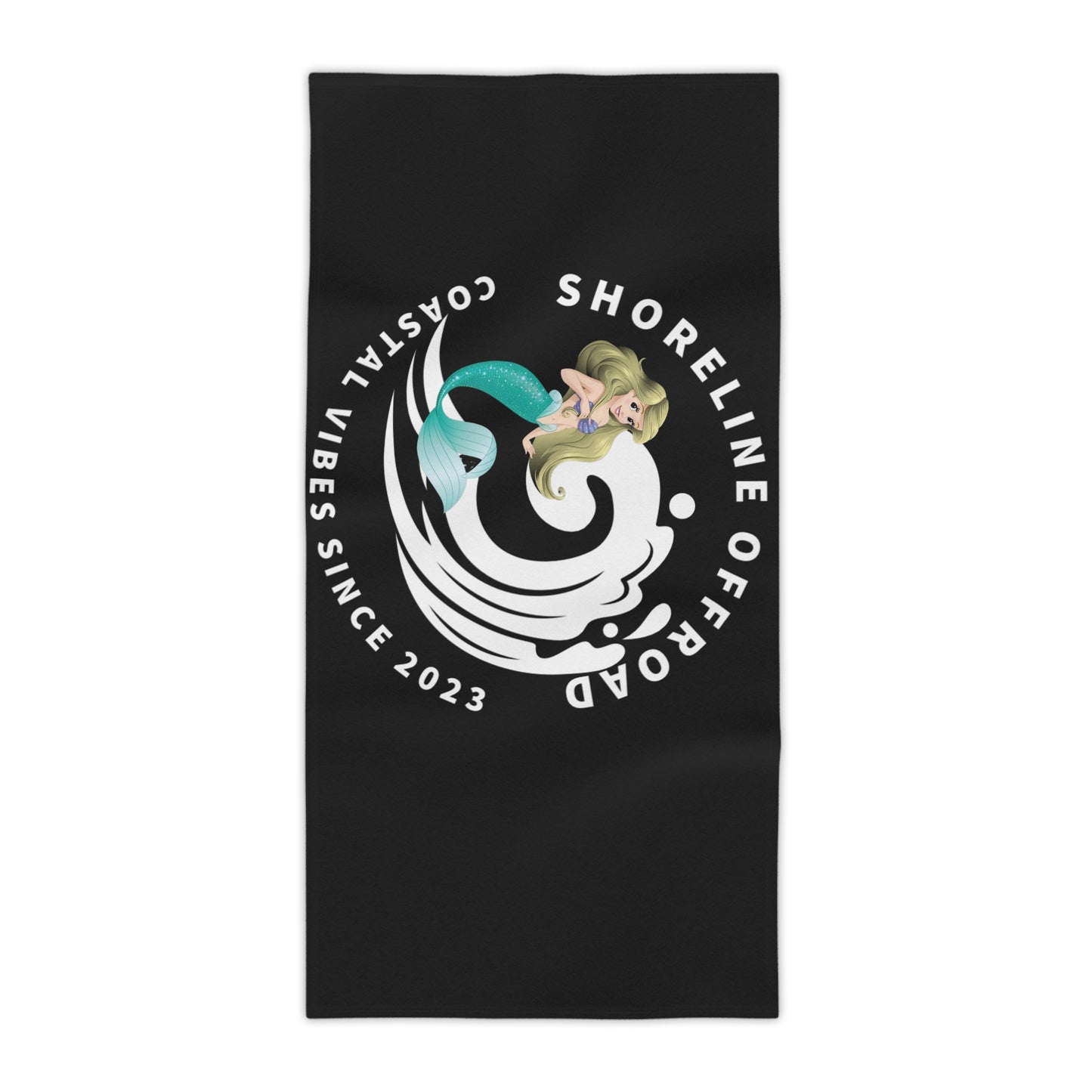 a black beach towel with a mermaid on it