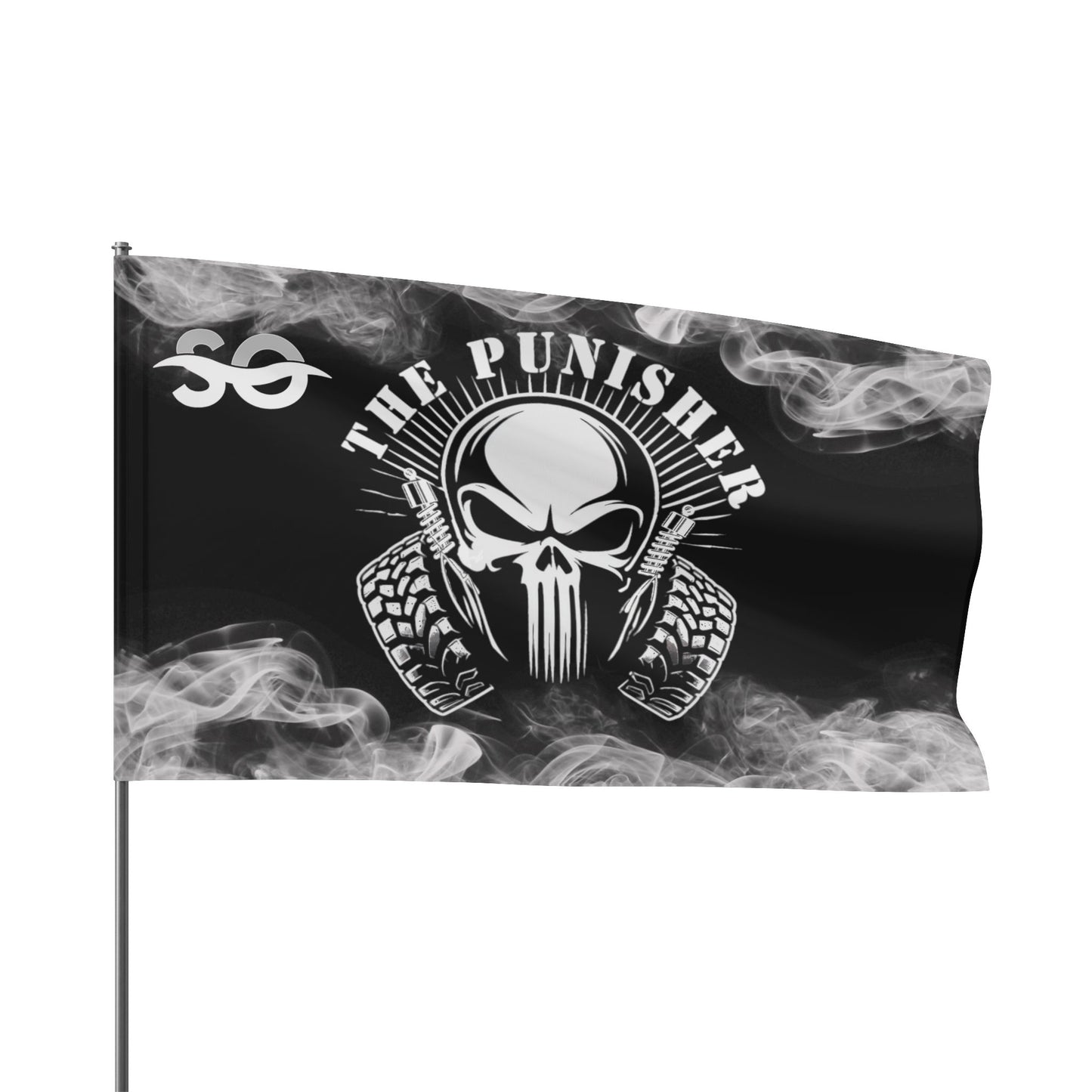 a black and white flag with a skull on it