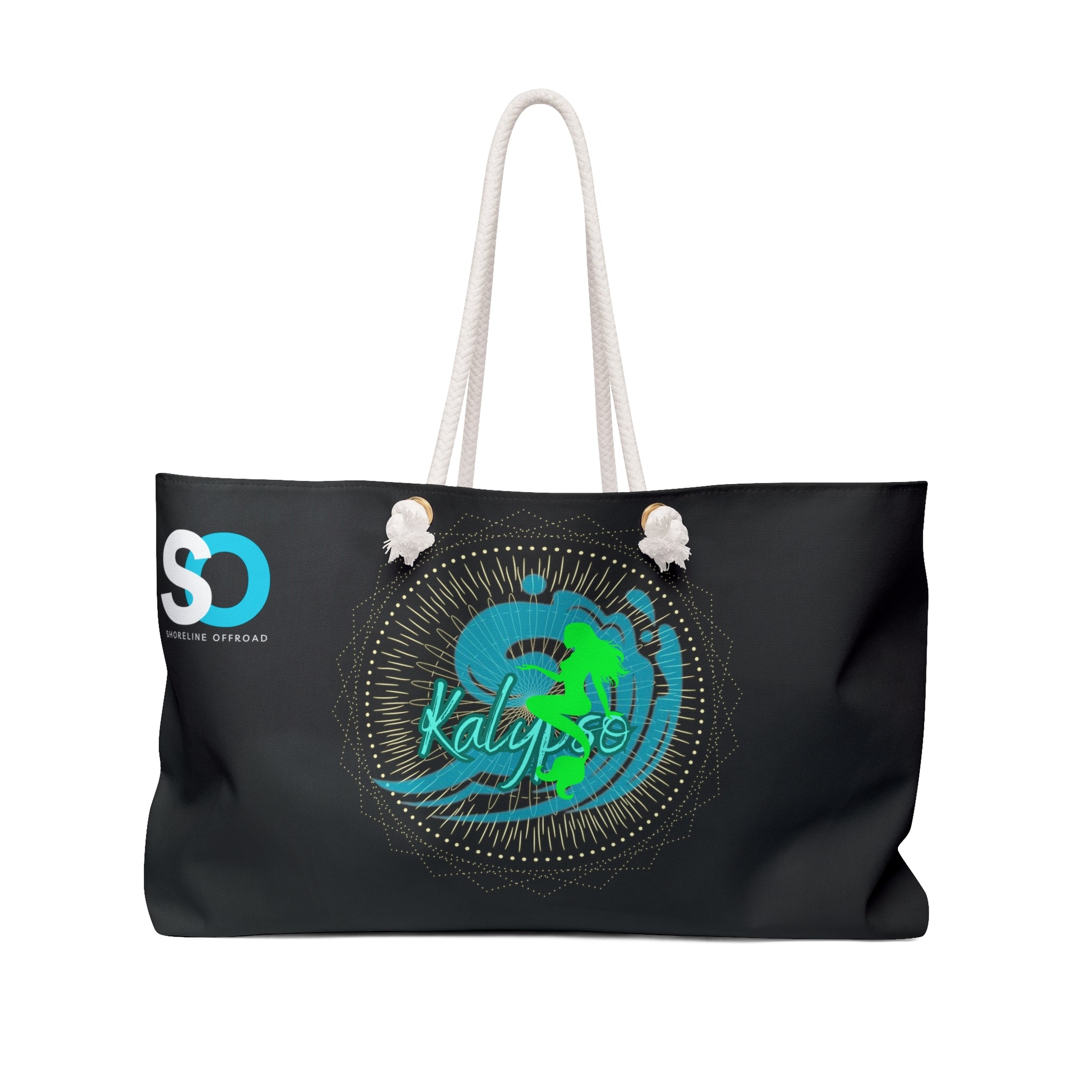 a black bag with a blue and green design