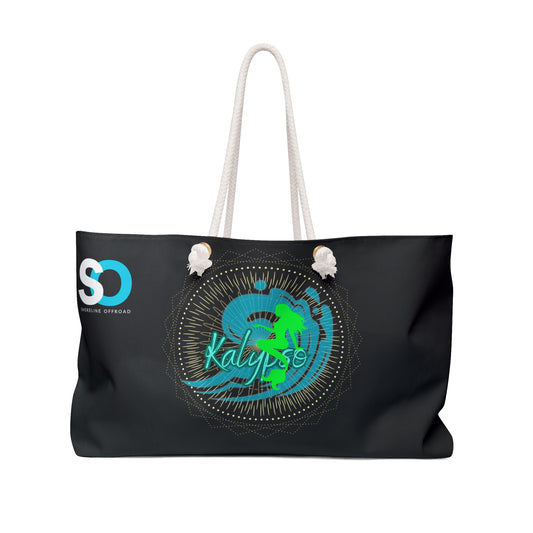 a black bag with a blue and green design