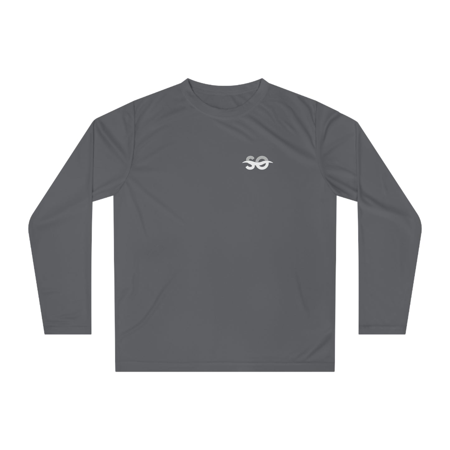 a gray long sleeve shirt with a white logo on the chest