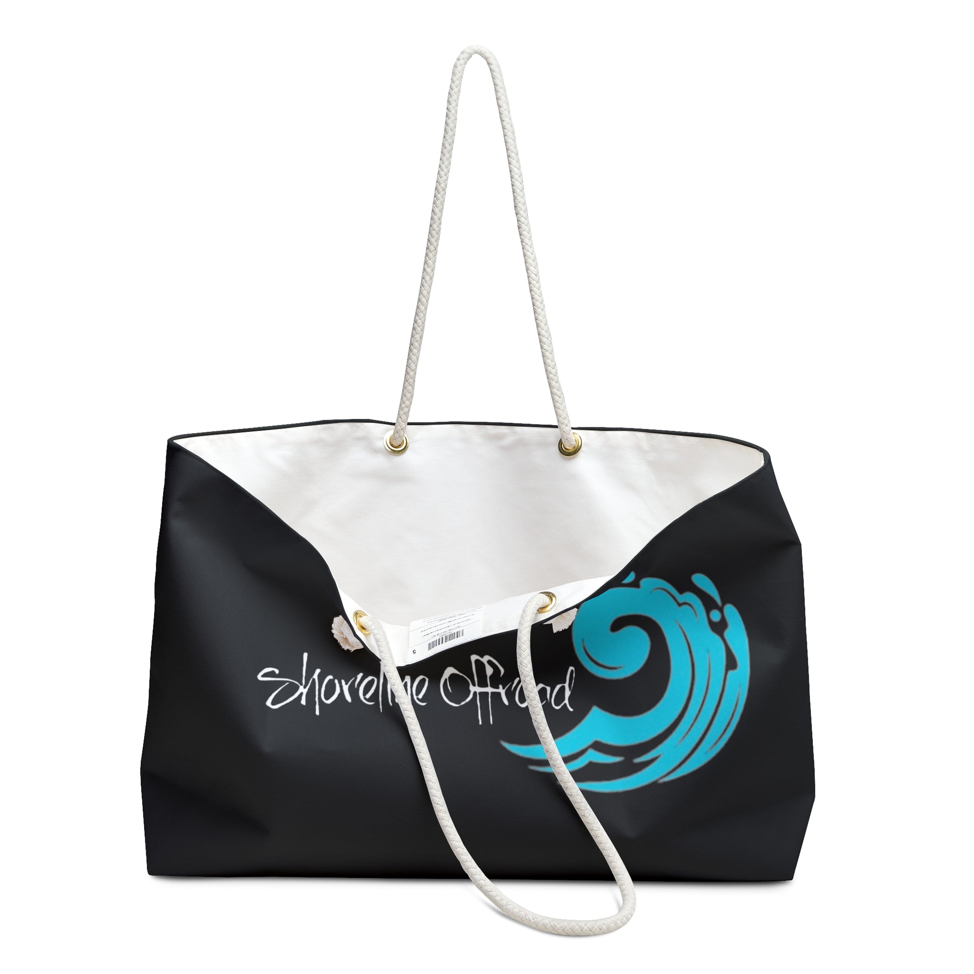 a black and white bag with a blue logo