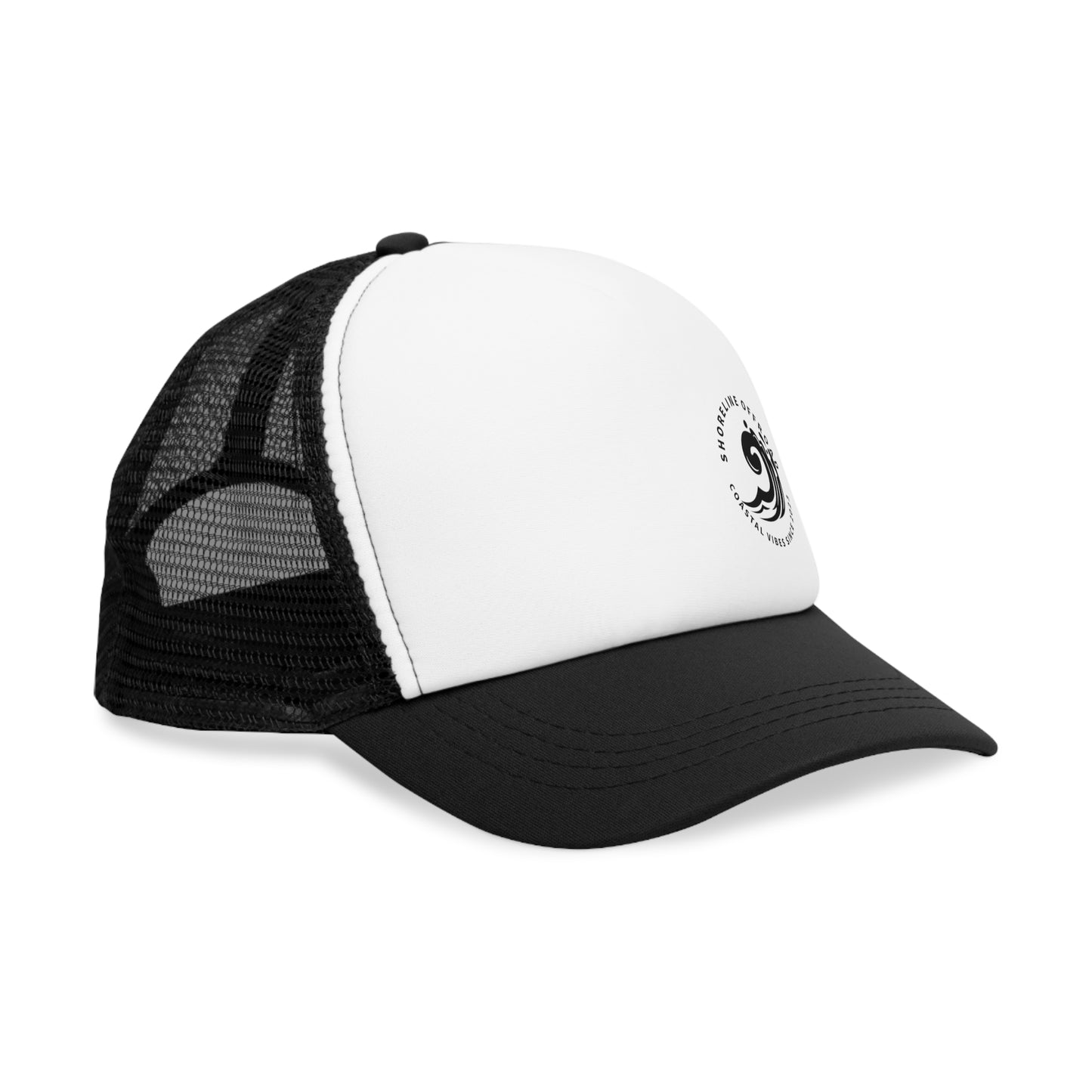 a black and white trucker hat with a skull on the front