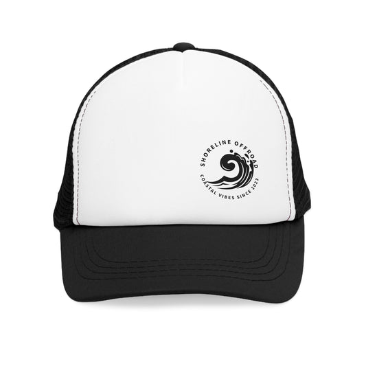 a white and black trucker hat with a black brim