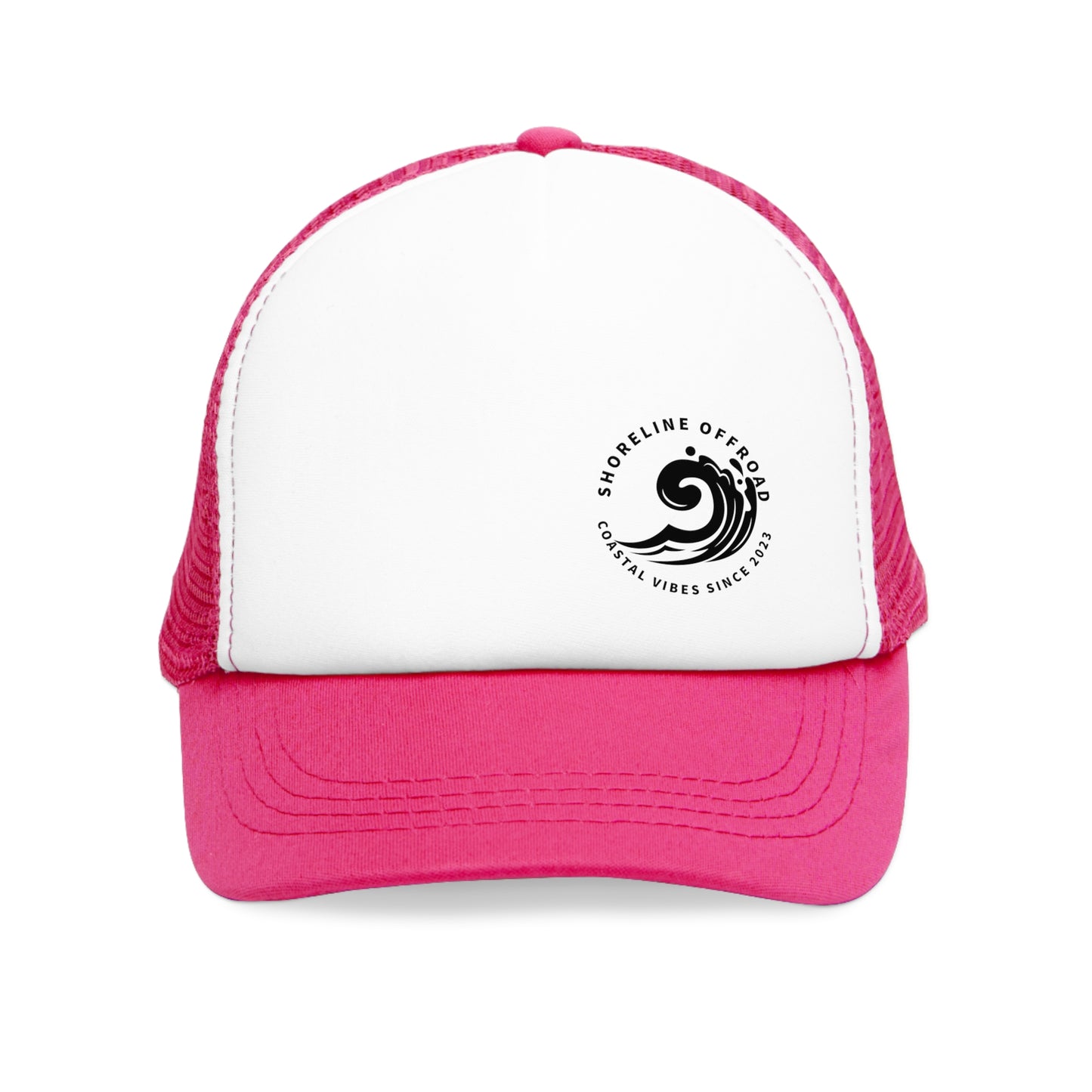 a white and pink trucker hat with a black and white logo