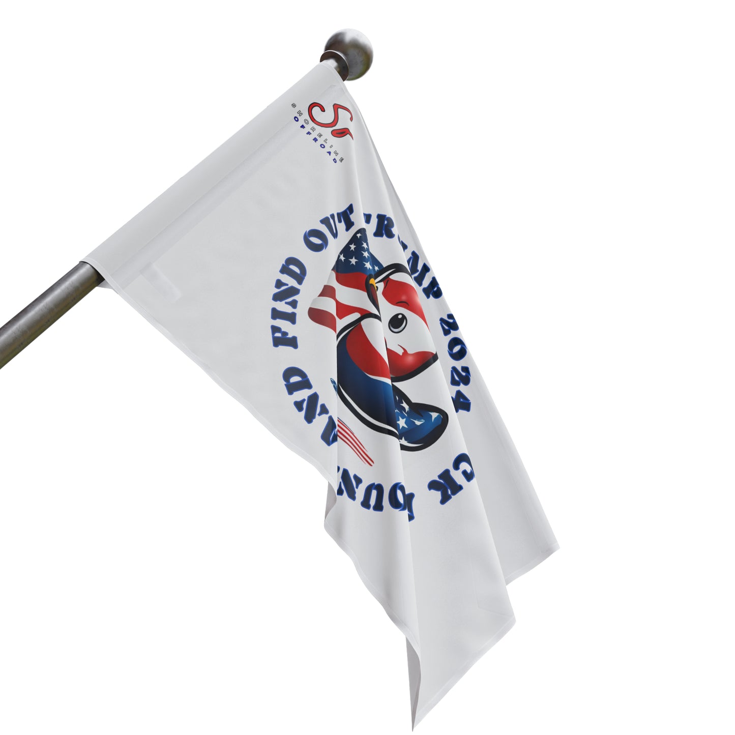 a white flag with a red, white and blue bear on it