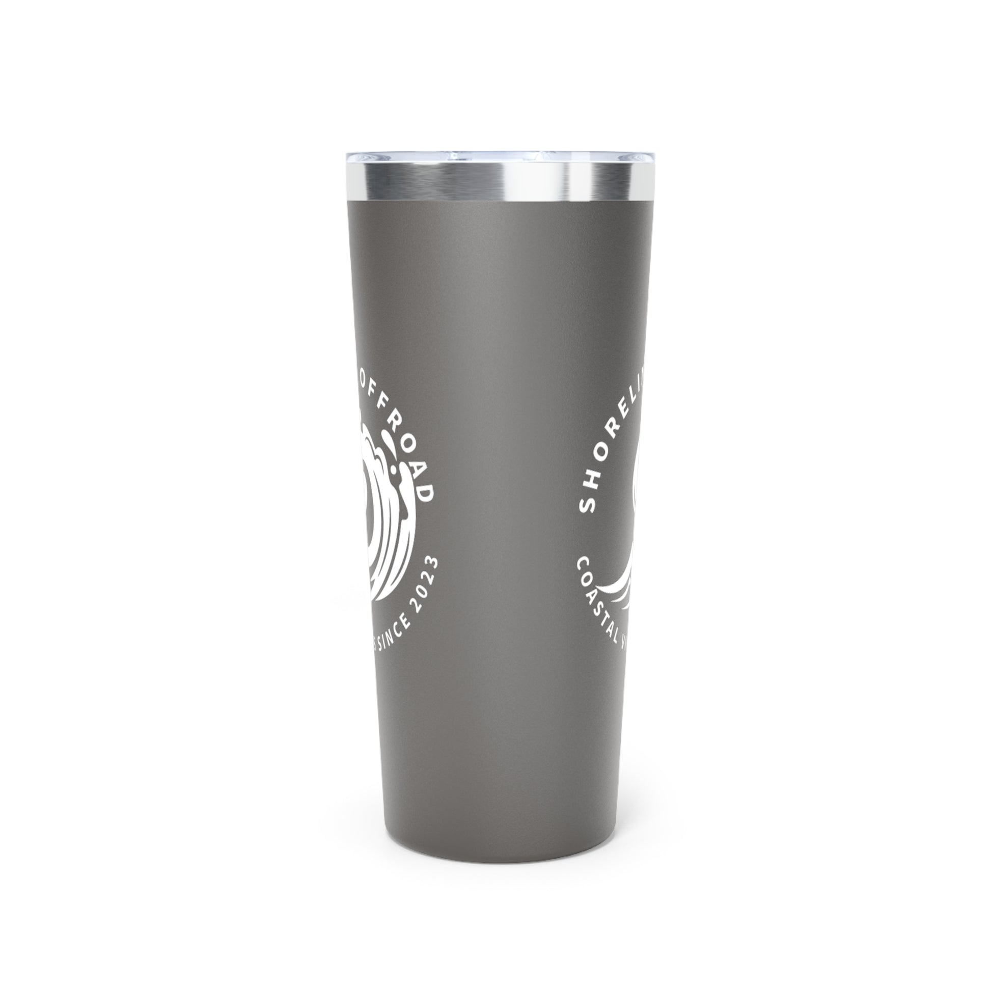 a gray tumbler cup with a white logo on it