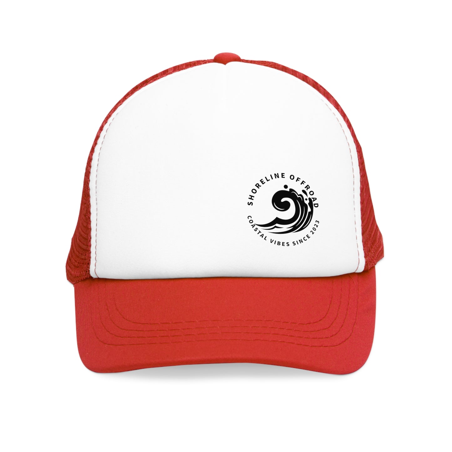 a red and white trucker hat with a black and white logo