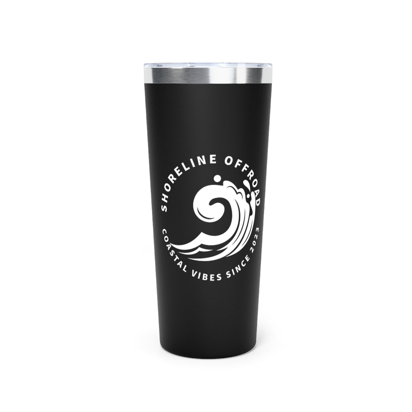 a black tumbler cup with a white logo on it