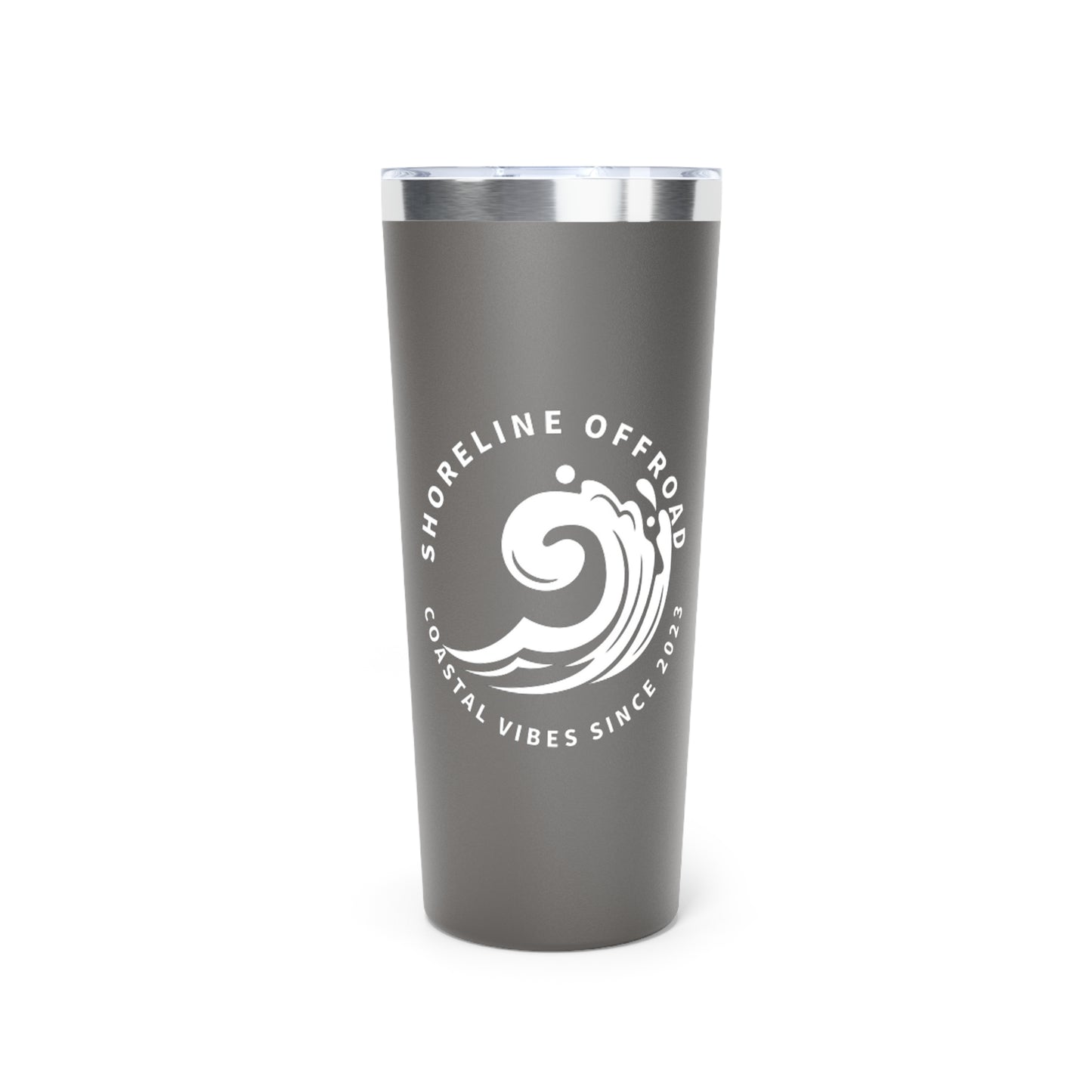 a gray tumbler cup with a white logo on it