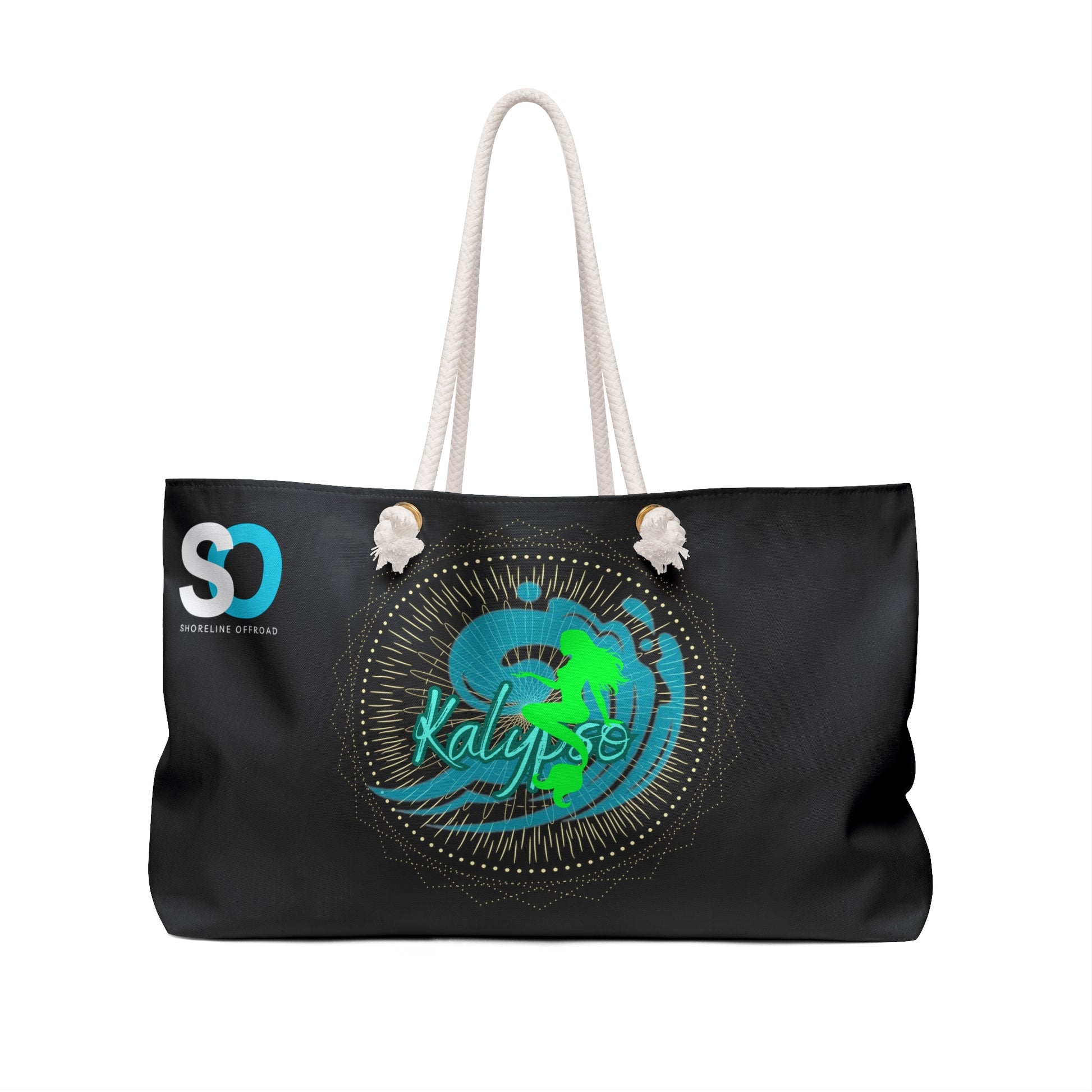 a black bag with a blue and green design