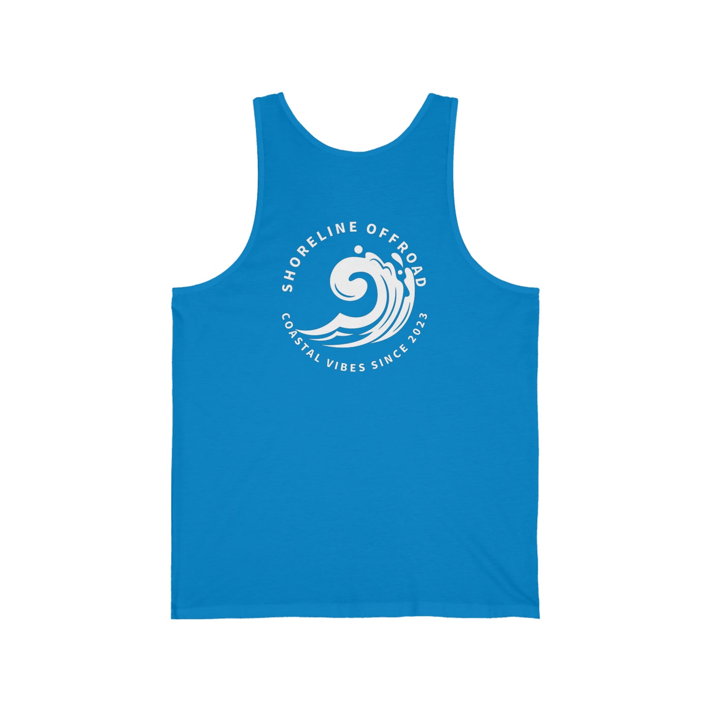 a blue tank top with a white wave on it