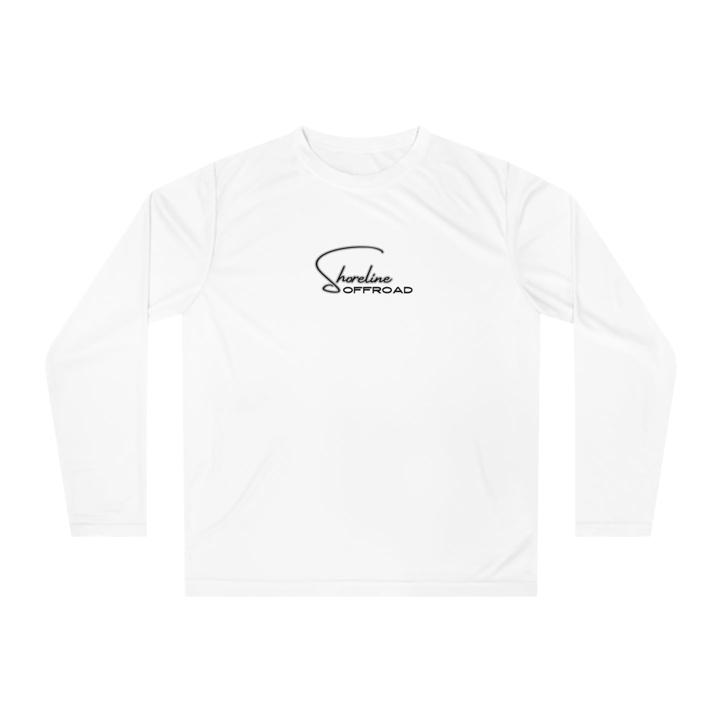 a white long sleeve shirt with a black logo on the chest