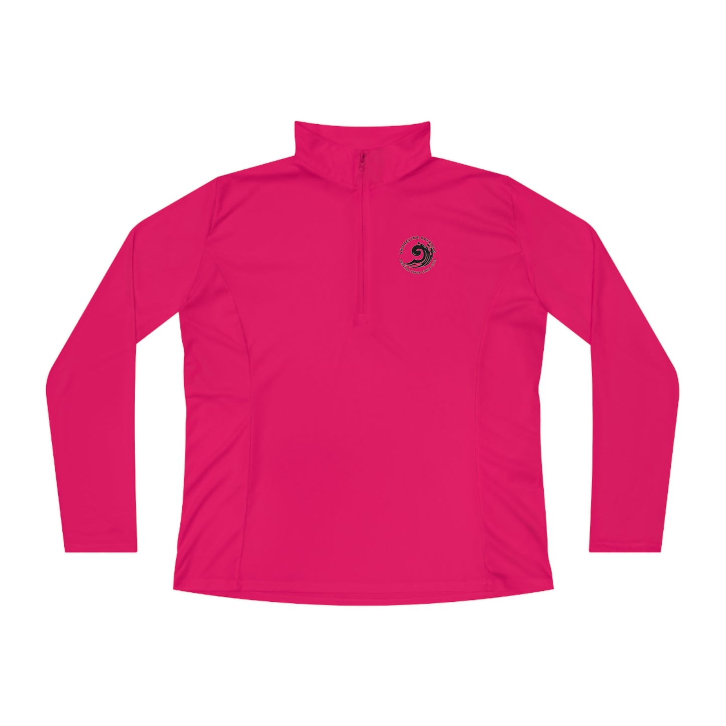 a pink shirt with a black and white logo on it