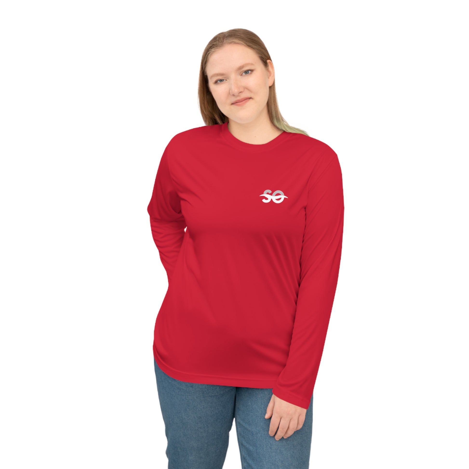 a woman wearing a red long sleeve shirt