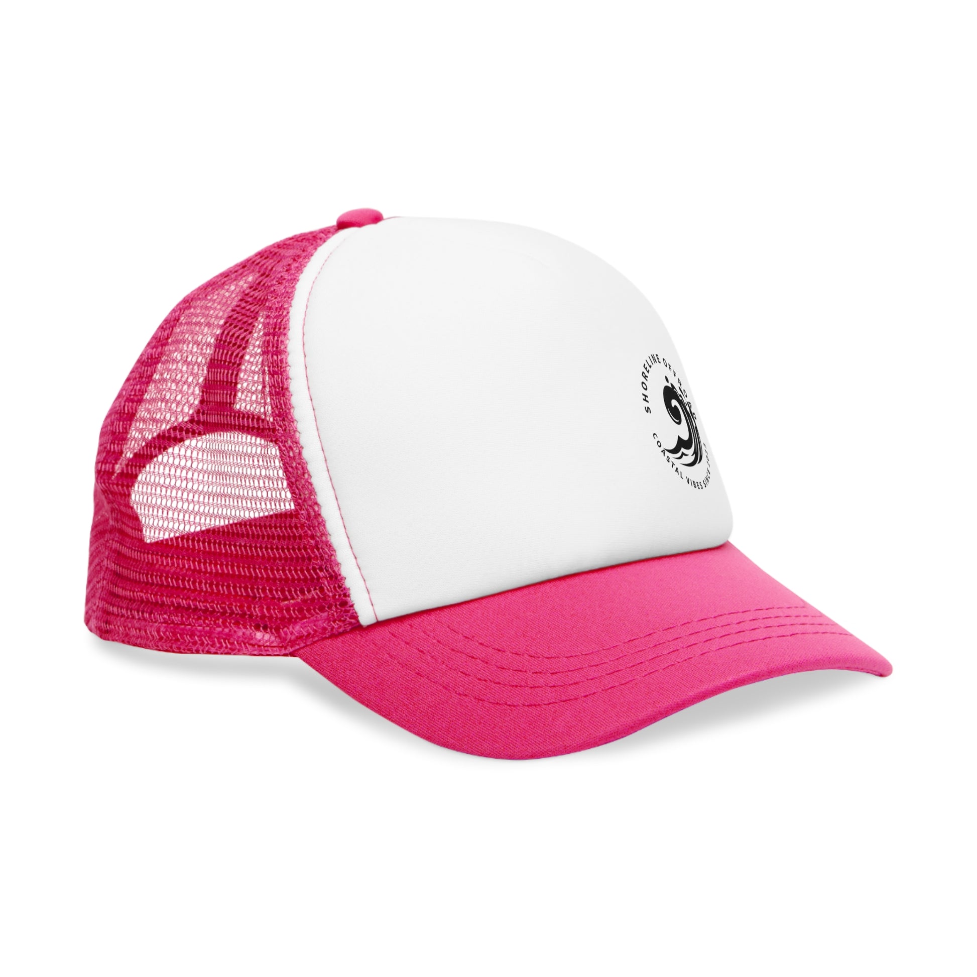 a pink and white trucker hat on a white background