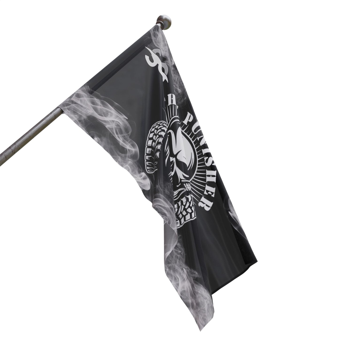 a black and white flag with a skull on it