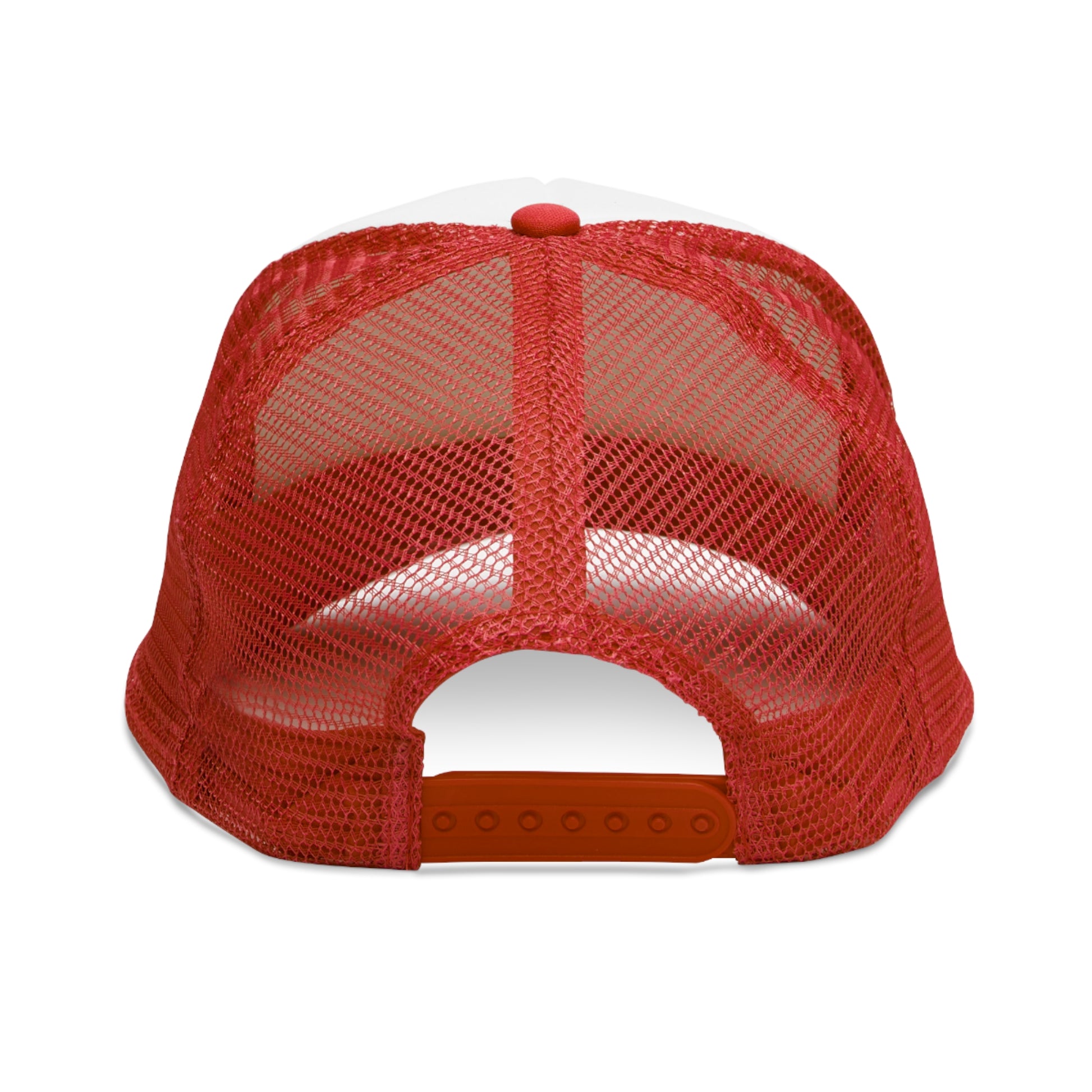 a red and white trucker hat on a white background