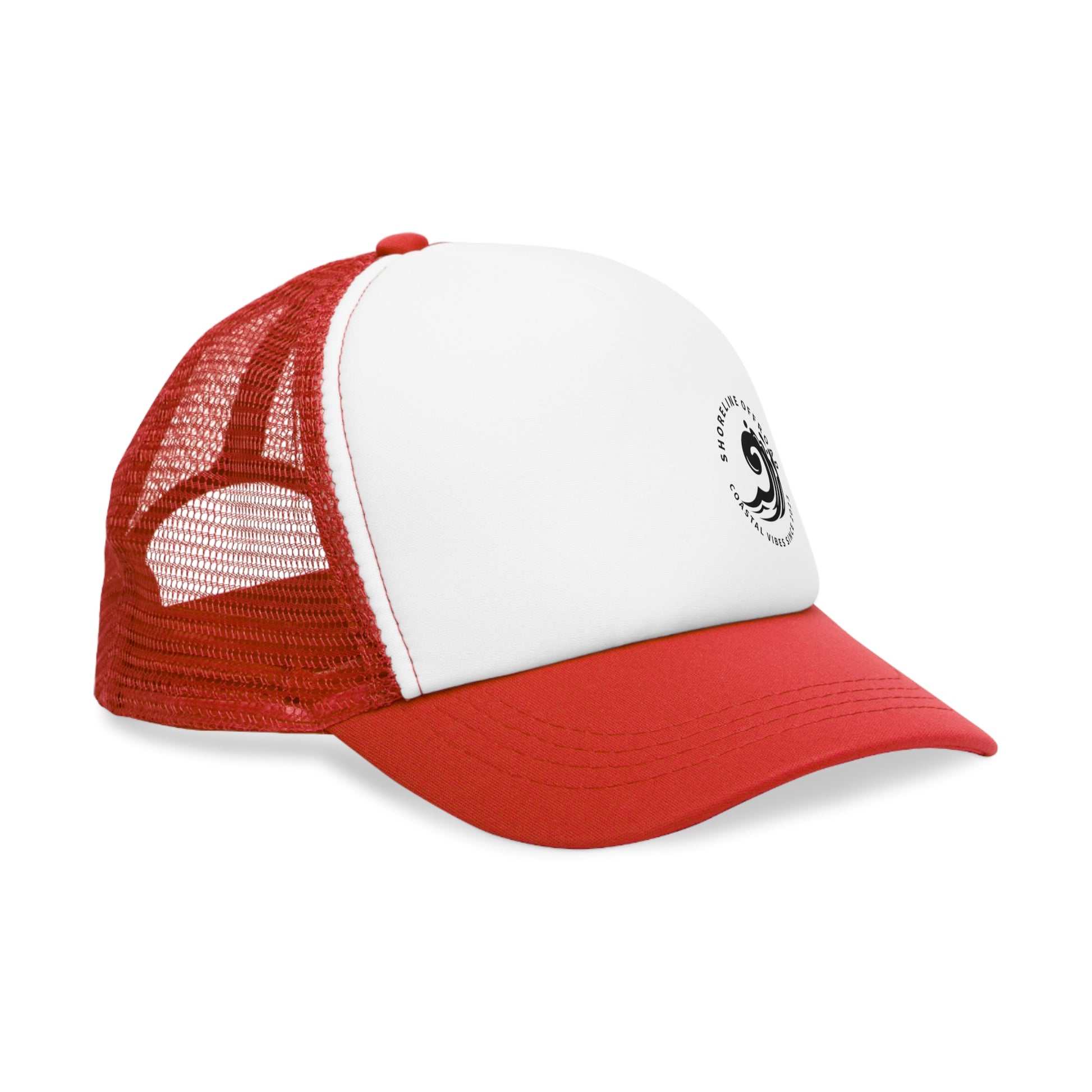 a red and white trucker hat on a white background