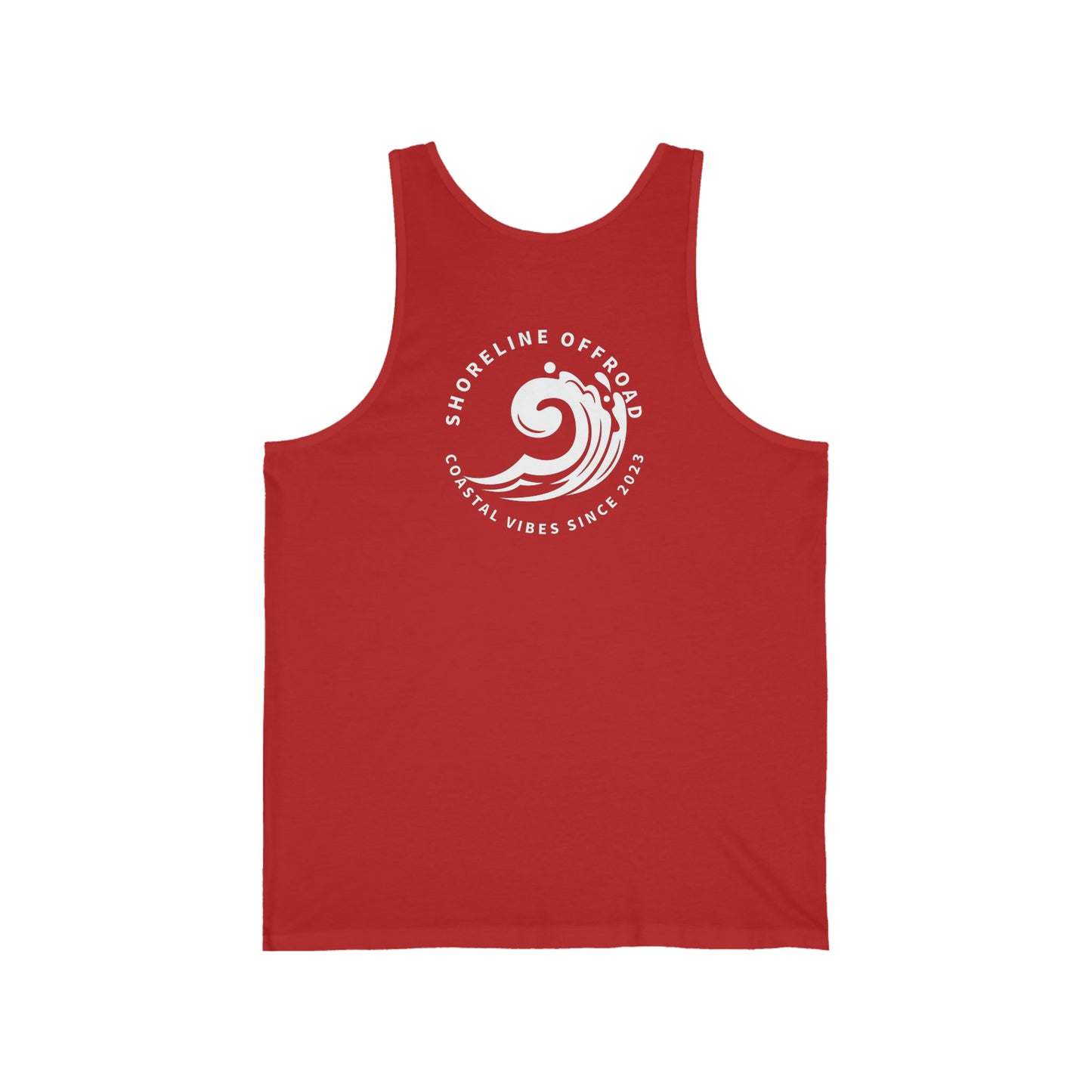 a red tank top with a white logo on it