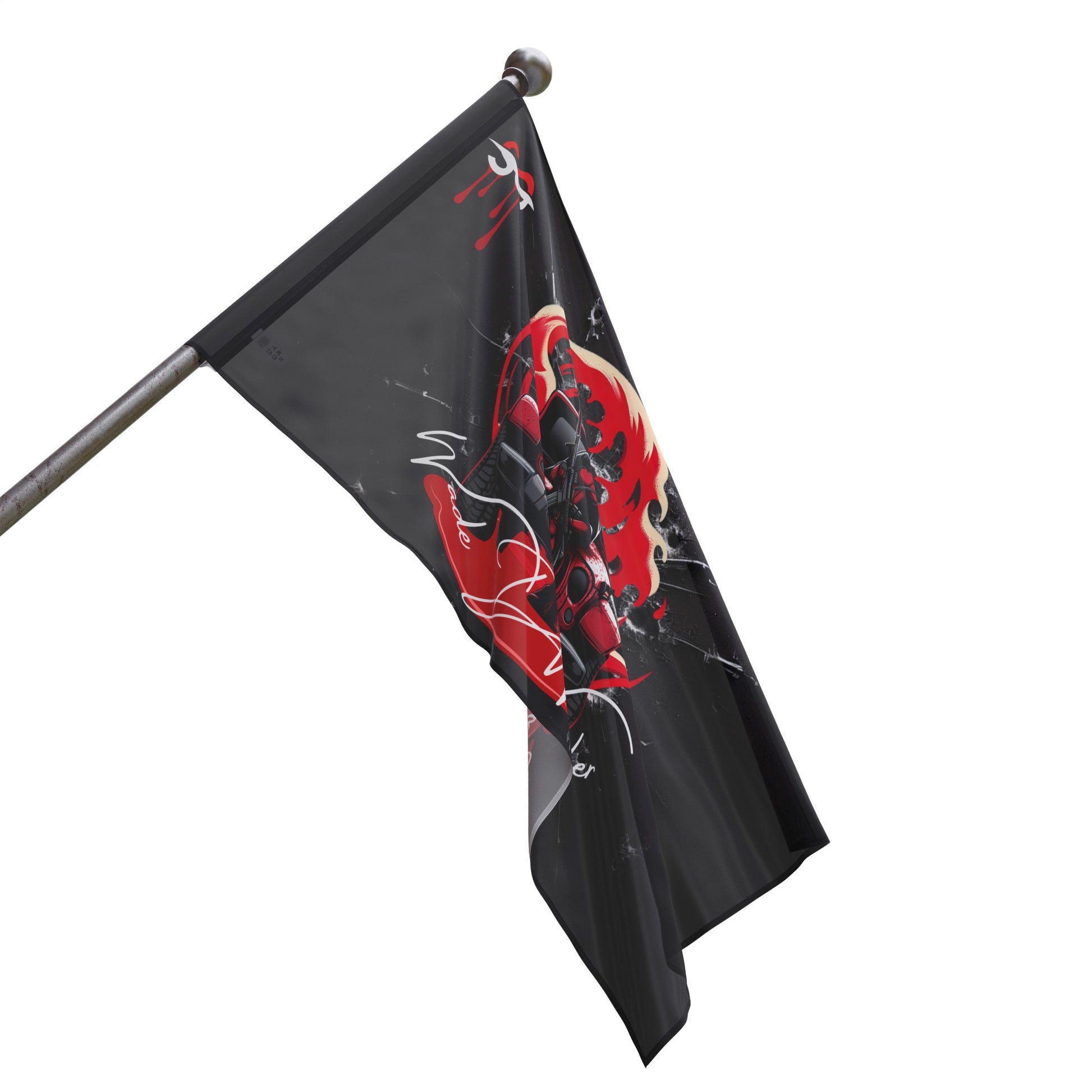 a black and red flag with a picture of a demon on it